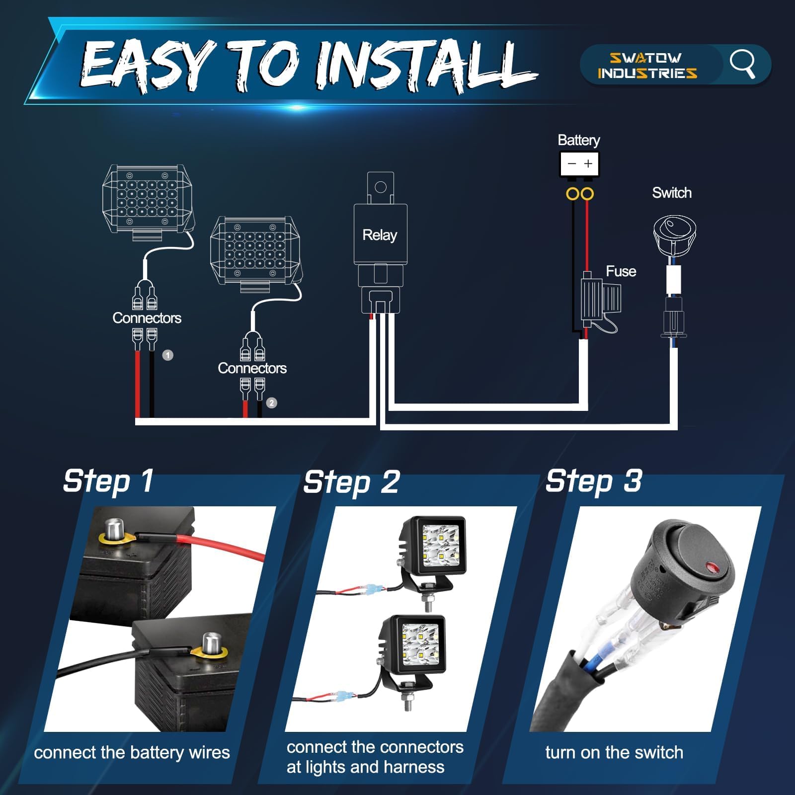 2 Lead Fog Light Wiring Harness Kit with Switch, 40A Relay & 10A Fuse - Compatible with LED Light Bars, Pod Lights & Off-Road Vehicles - Perfect for Trucks, Jeeps & ATVs