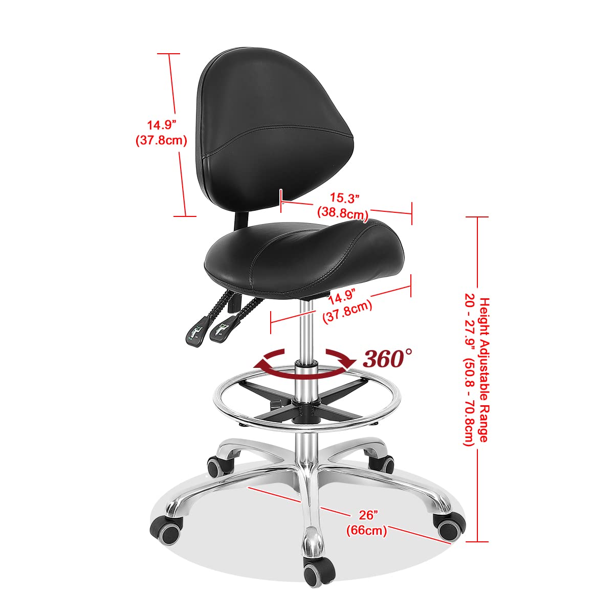 Grace & Grace Professional Hydraulic Saddle Stool with Back Support & Wheels - Ergonomic Adjustable Stool for Dentists, Clinics, Spa, Massage & Salon - Black with Footrest (Perfect for Dental Procedures, Beauty Treatments & Long Work Sessions)