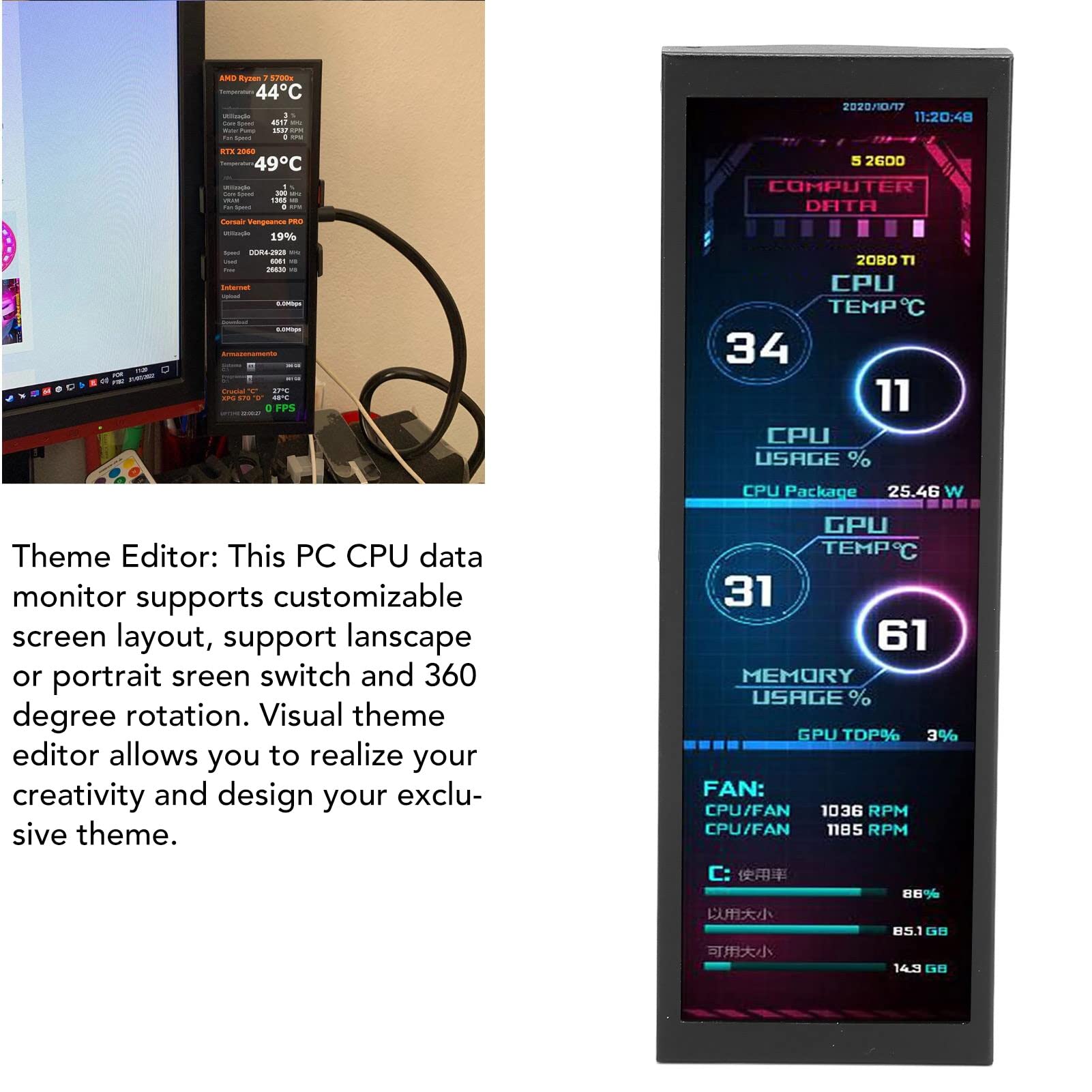 7.9 Inch IPS Monitor - Multi-Function PC CPU Data Display with Theme Editor | Eye Protection Screen for Raspberry Pi, Linux & Windows Systems | Perfect for Home Office, Gaming & DIY Projects