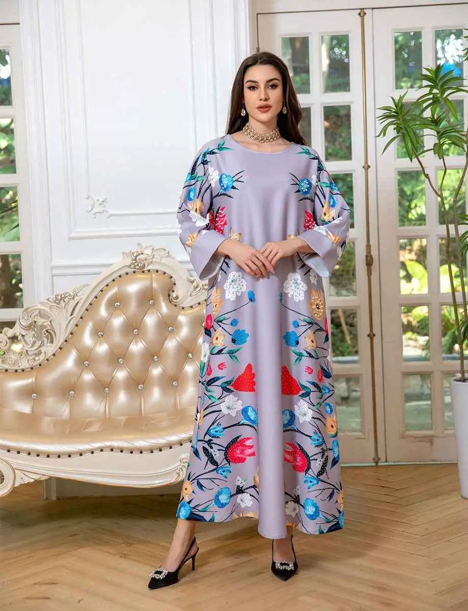 Elegant Eid Dress for Women - Arab Printed Kaftan Caftan Abaya Dress with Long Sleeves - Perfect for Eid Celebrations, Weddings & Special Occasions