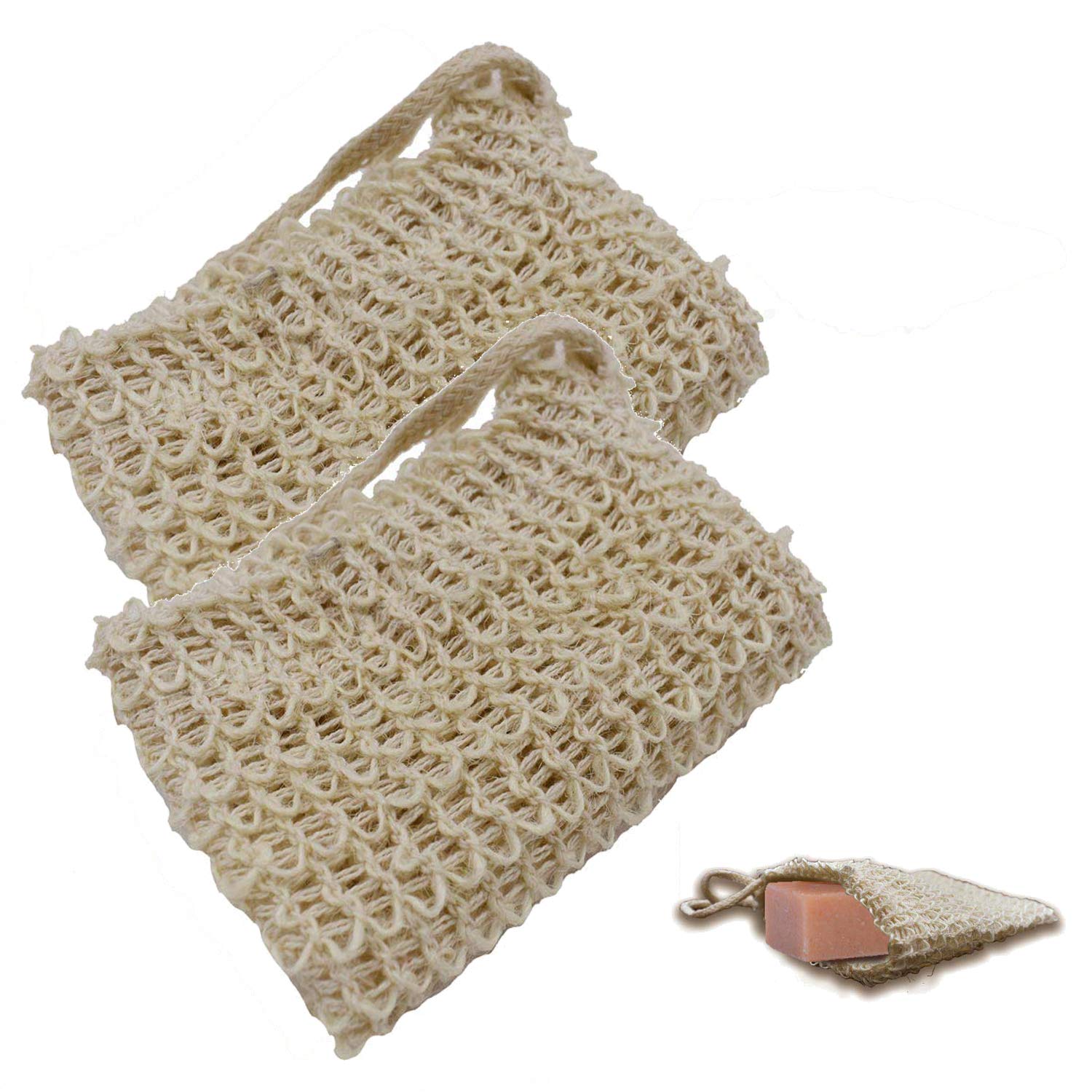 2 Pack Natural Exfoliating Soap Saver Bags with Drawstring & Wooden Bead Holder - Loofah Pouch for Shower & Bathroom - Perfect for Gentle Skin Exfoliation & Soap Storage