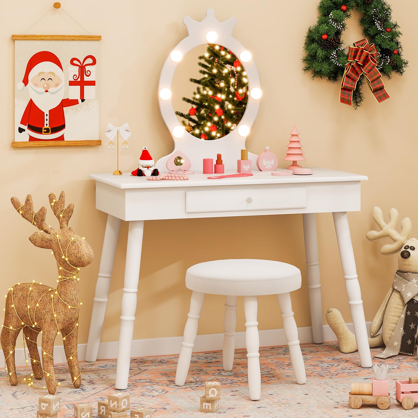 Costzon Kids Vanity Set with Mirror, Stool & LED Lights - 2-in-1 Wooden Makeup Dressing Table with Drawers for Girls - Pretend Play Toy for Toddlers (White) | Perfect for Birthday Gifts & Bedroom Decor