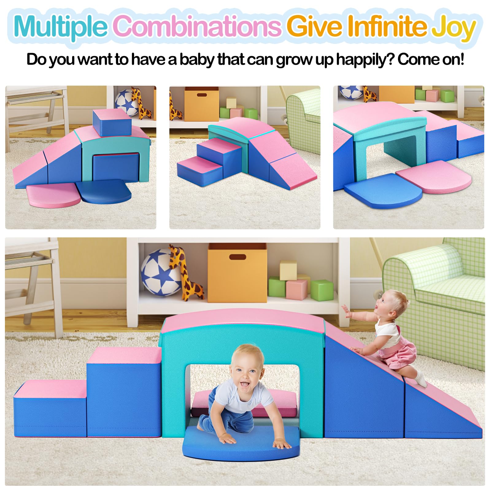 SURPCOS 6-Piece Soft Foam Climbing Set for Toddlers 1-3 Years - Indoor Play Gym with Slide, Stairs & Ramp - Safe Crawl & Climb Activity Toys for Kids (Pink) | Perfect for Home Playrooms, Daycare Centers & Preschool Motor Skill Development