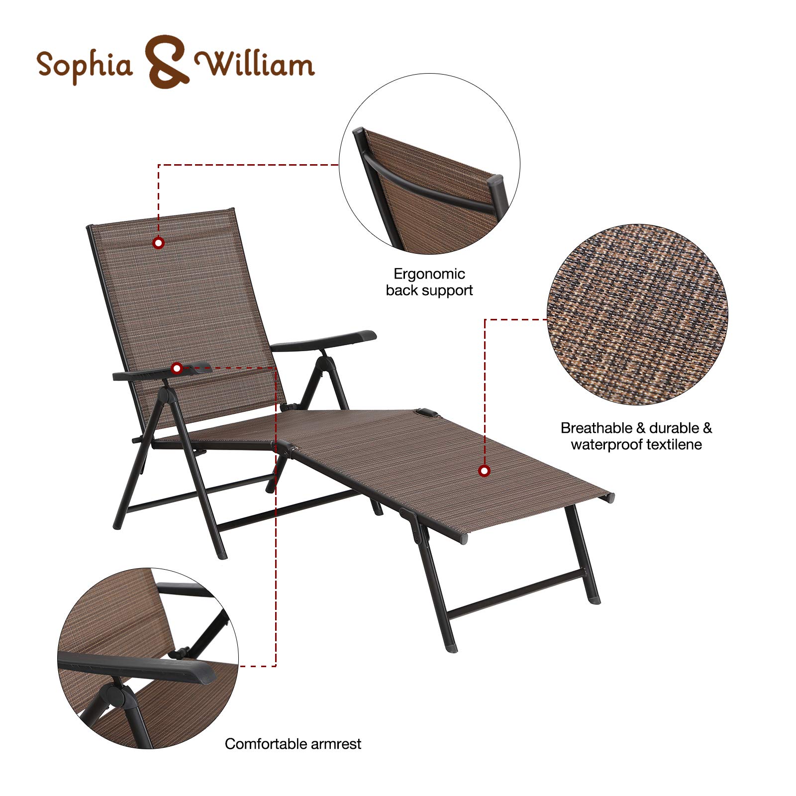 Sophia & William Outdoor Chaise Lounge Chair Set of 2 - Patio Folding Textiline Recliner with Adjustable Backrest & Armrests - Perfect for Beach, Pool, Backyard, Garden Relaxation - Brown