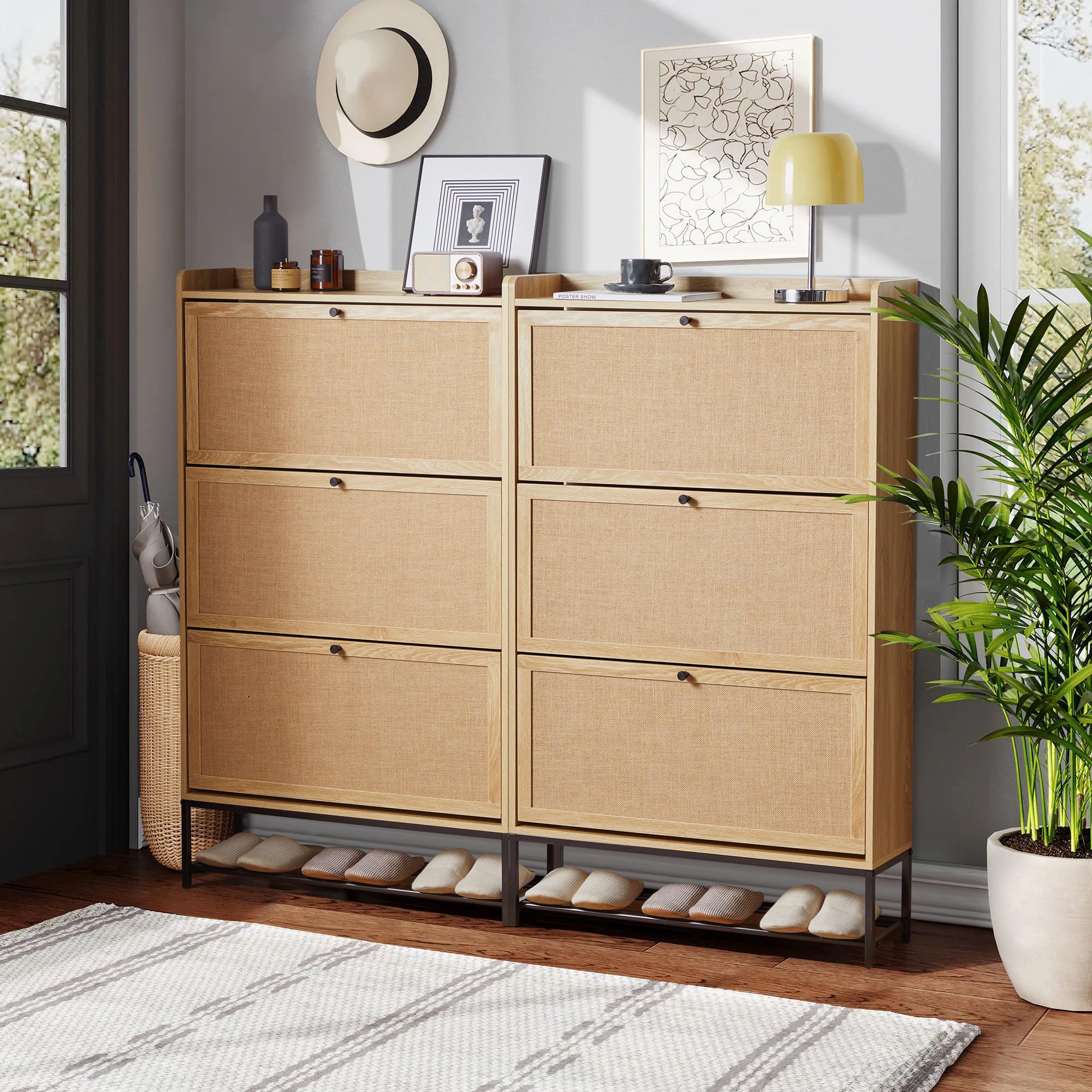 LEVNARY 3-Tier Flip Drawer Shoe Storage Cabinet - Freestanding Wooden Shoe Organizer with Metal Legs for Entryway & Hallway | Space-Saving Narrow Shoe Rack for Small Spaces (Natural Oak) | Perfect for Apartment Living, Closet Organization & Entryway Storage