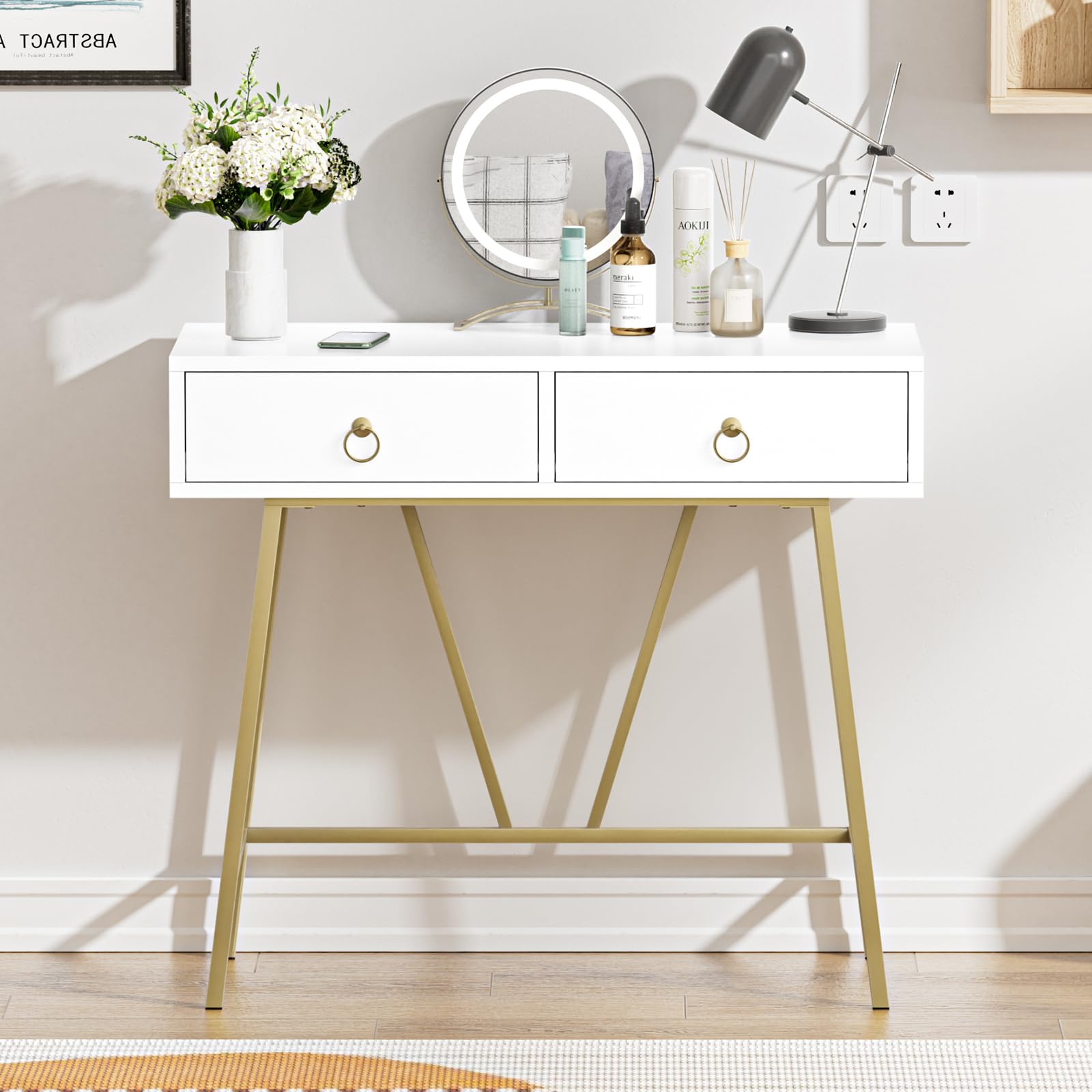 Anmytek 35.4 Inch Modern White Home Office Desk with 2 Drawers & Golden Legs - Study Writing Computer Makeup Vanity Table for Small Spaces, Dorm Room, Bedroom Workspace (Model D0002)