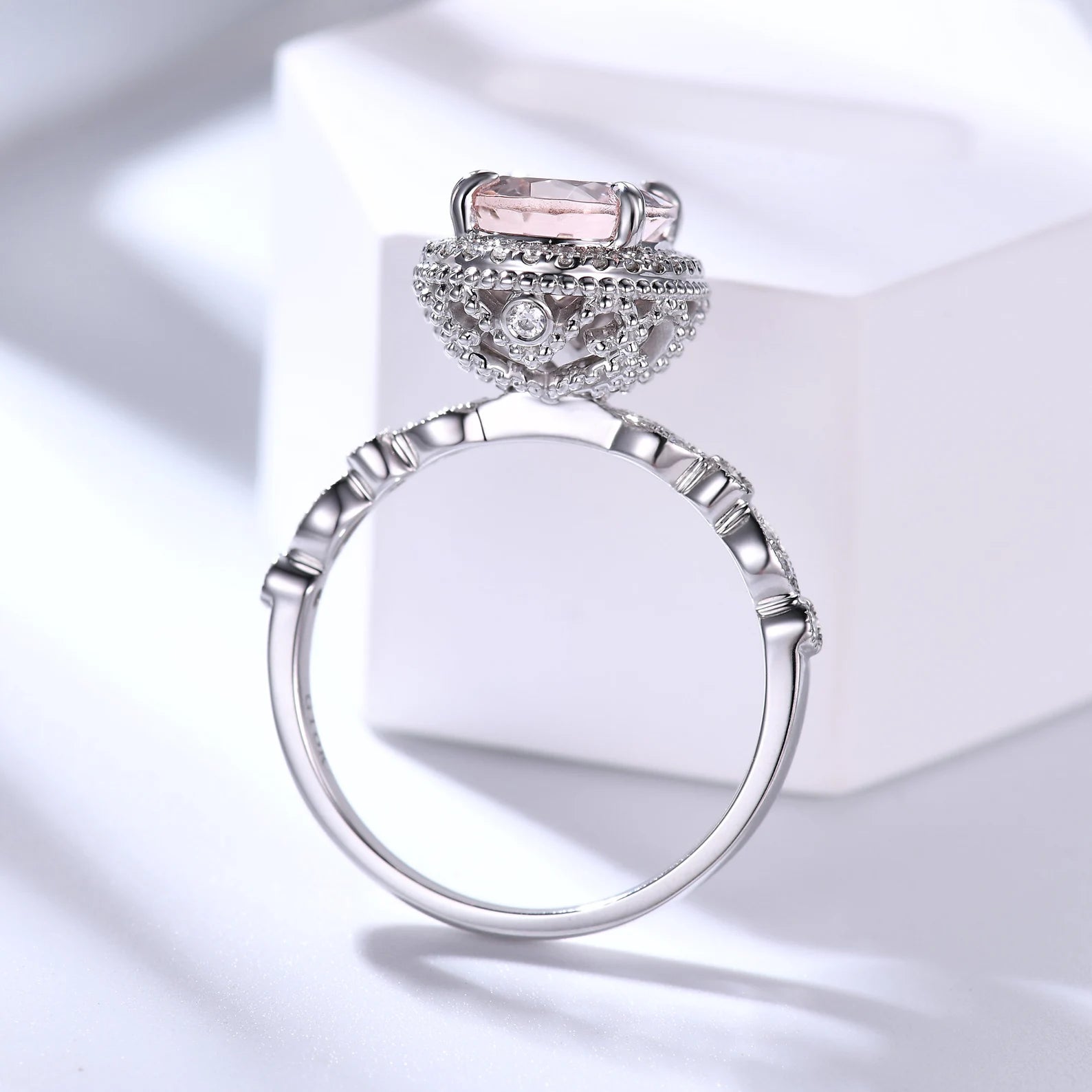 Vintage Peach Morganite Engagement Ring with Hidden Halo - 8x10mm Oval Cut Rose Gold Art Deco Style Ring for Wedding, Proposal & Anniversary Gifts