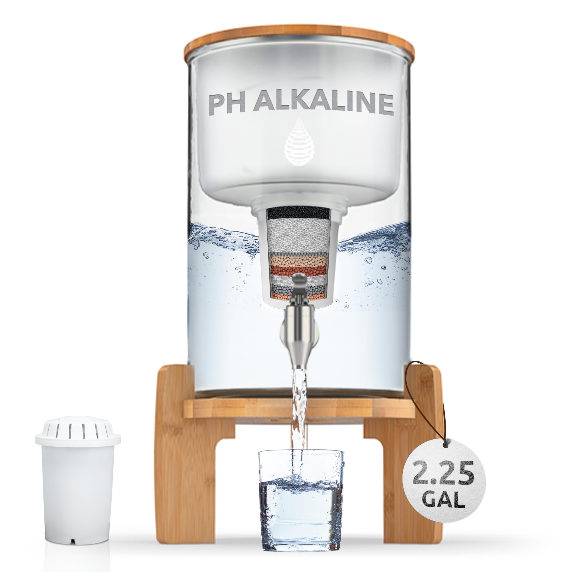 Alkaline Water Filter Pitcher with pH Recharge Technology - 8.5L/2.25 Gal Countertop Water Purifier System for Home & Office - High pH Drinking Water Filtration - Perfect for Kitchen, Office, Gym & Travel Use
