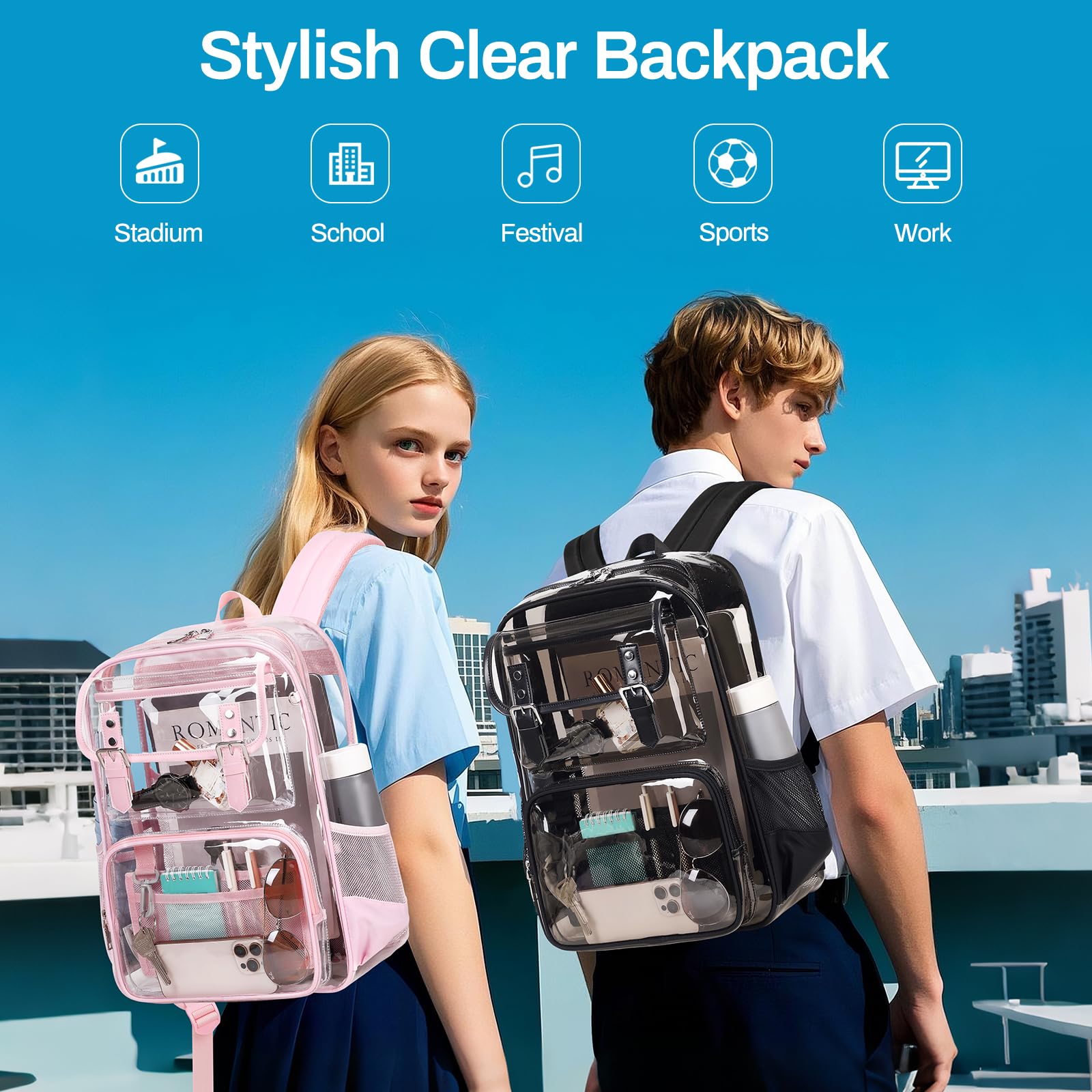 Clear Heavy Duty PVC Transparent Backpack - See Through Bookbag for Stadium, College, Work & Travel - Durable Waterproof School Bag for Men & Women - Perfect for Concerts, Airports & Security Checks