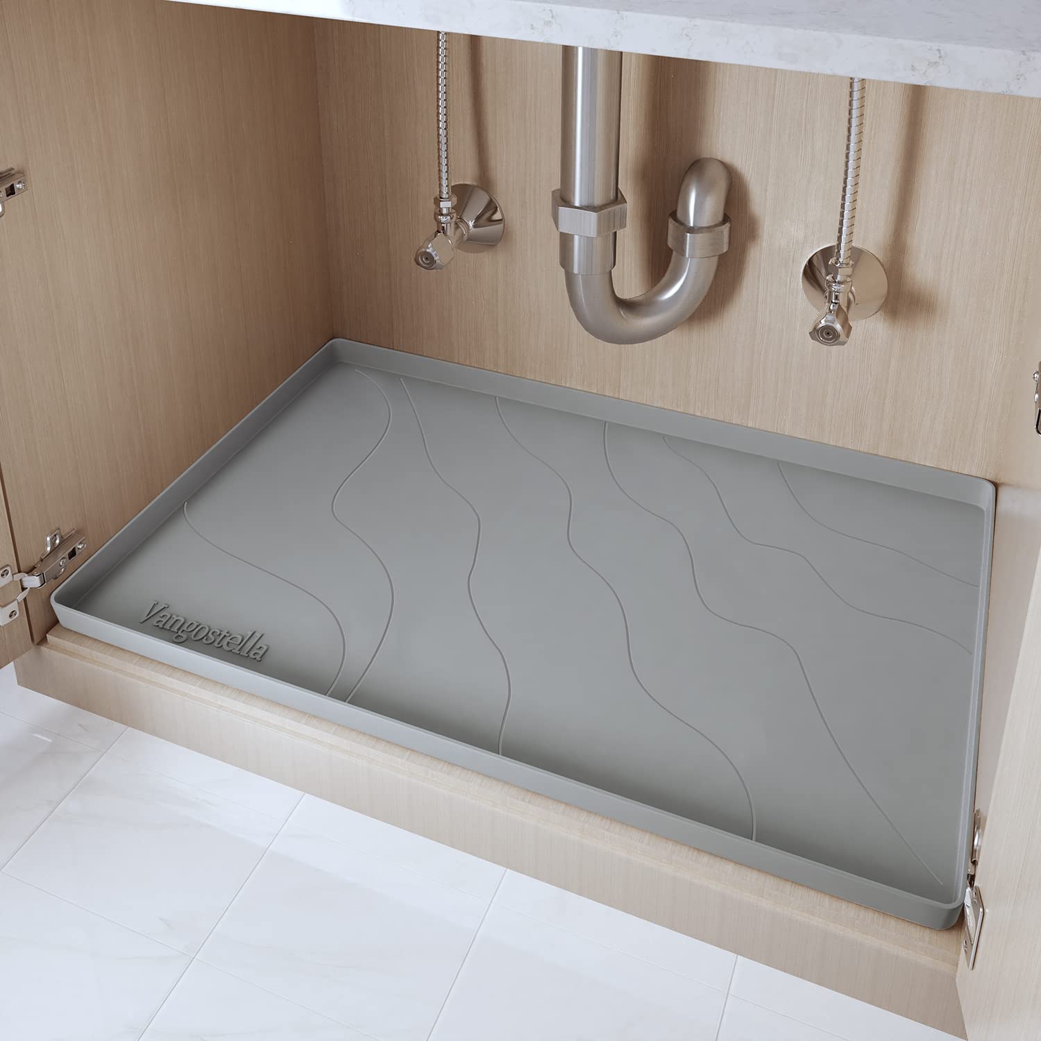 Heavy Duty Under Sink Mat 28x22 Inch - Extra Thick Silicone Waterproof Cabinet Liner for Kitchen & Bathroom - Durable Drip Leak Spill Protector - Non-Slip Gray Sink Mat - Perfect for Countertop, Cabinet & Floor Protection