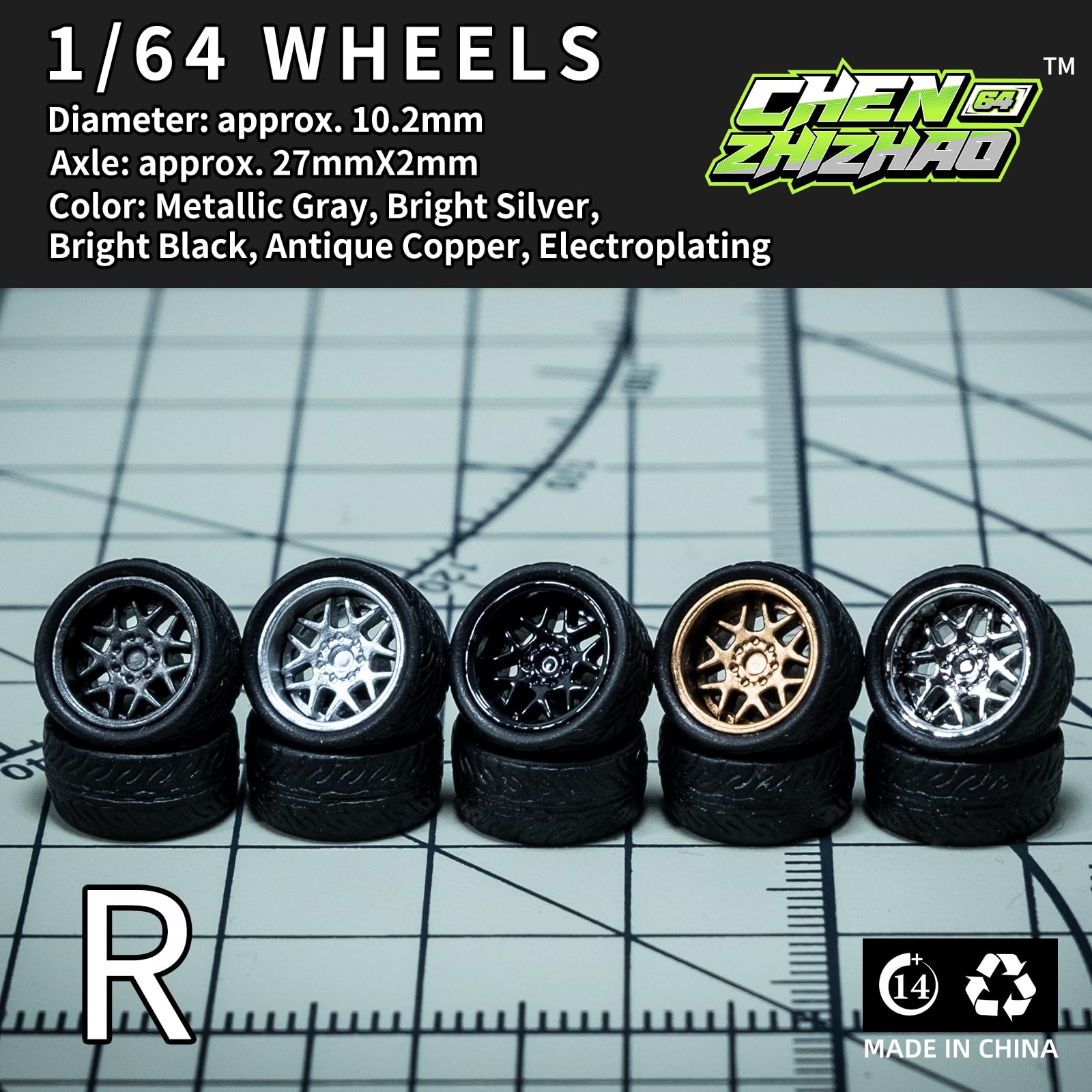 1/64 Scale Wheels for Hot Wheels - ABS Injection Rubber Tires - 5 Sets (Style R) - Perfect for Die-Cast Model Modification & Miniature Scene Production - Ideal for Collectors, Custom Builds, and Diorama Displays