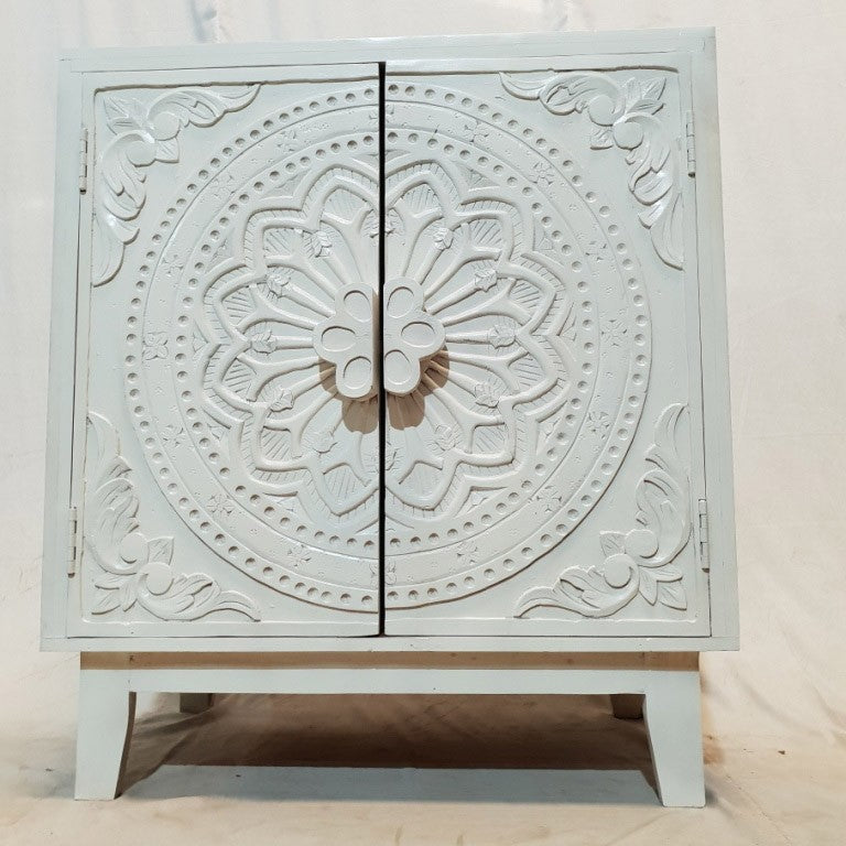 French Hand Carved Buffet Cabinet Sideboard - White Distressed Finish, 81x46x92cm - Vintage Dining Room Storage & Kitchen Buffet for Entertaining