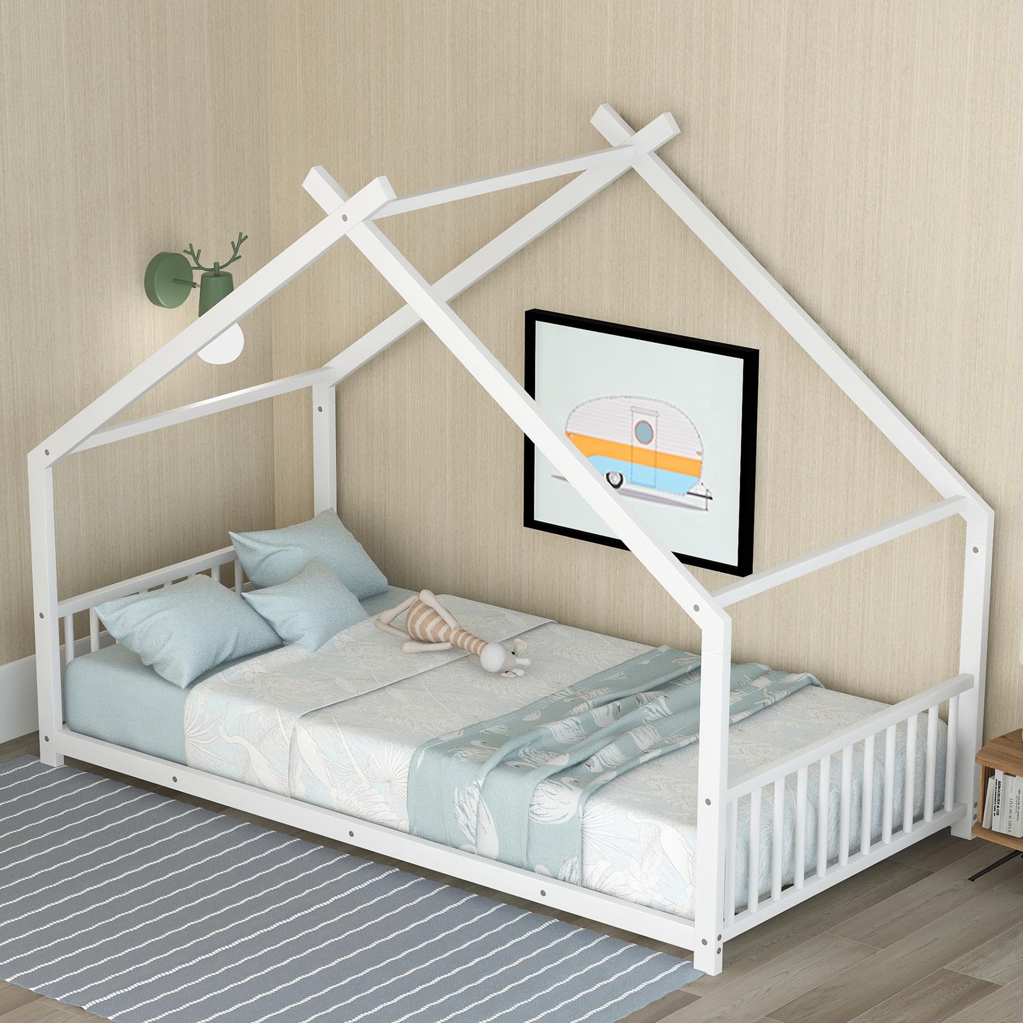 Montessori Twin Size Floor Bed for Kids - White Metal Frame with Headboard, Footboard & Slats - Safe & Sturdy House Bed for Toddlers & Children - Perfect for Montessori Bedrooms, Playrooms & Cozy Sleep Spaces