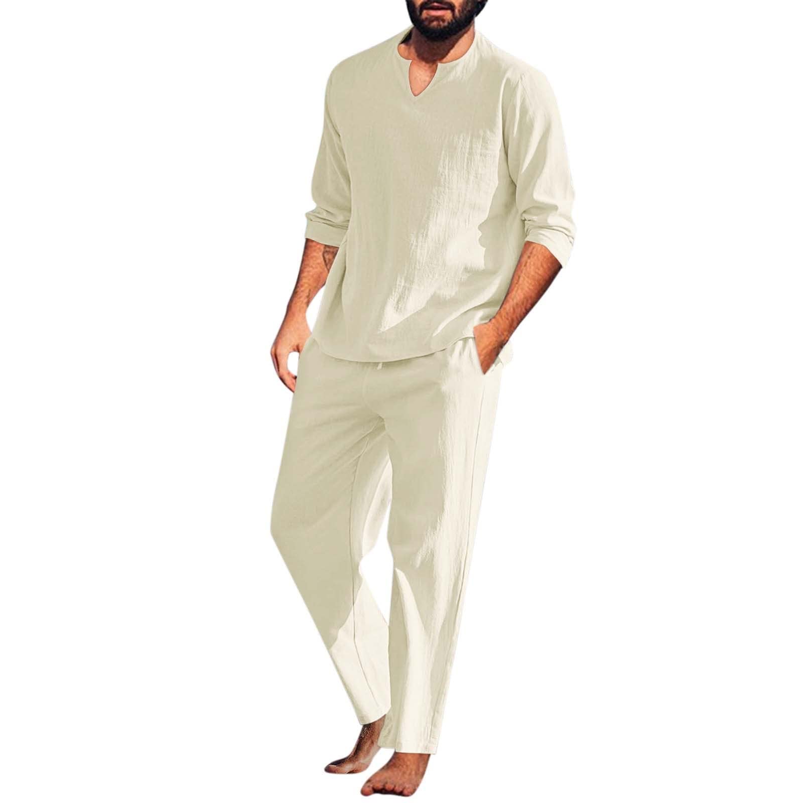 Men's Linen Summer Suit 2-Piece Set - Casual Beach Outfit with Elastic Waist, Lightweight & Breathable T-Shirt & Pants (Color: Apricot, Size: S) - Perfect for Vacation, Travel, and Outdoor Activities