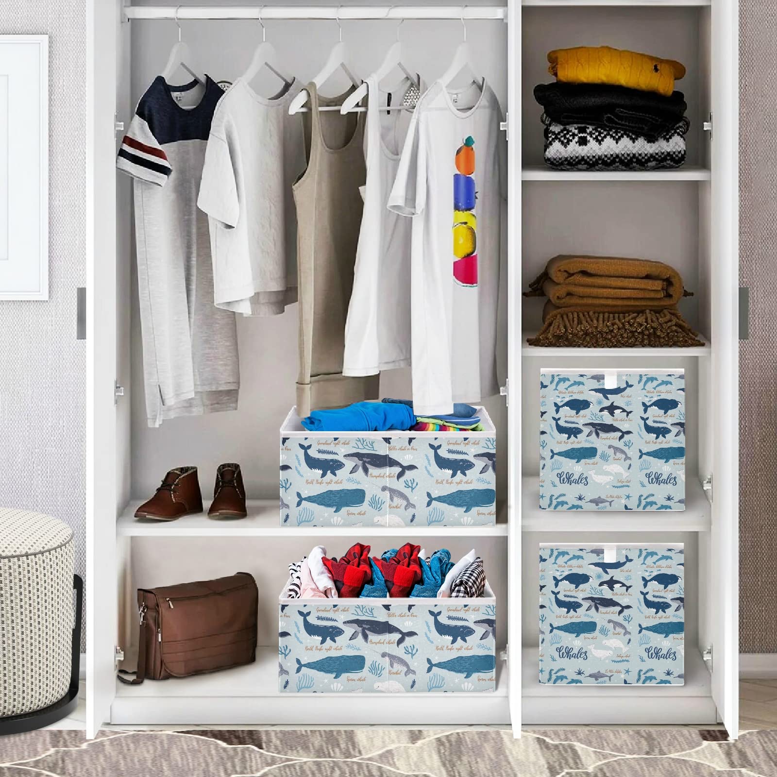 Collapsible Storage Basket Bin - Foldable Rectangular Organizer for Toys, Clothes & Nursery | Light Blue with Whale & Seaweed Design | Easy Assembly for Home, Office & Kids Room Organization