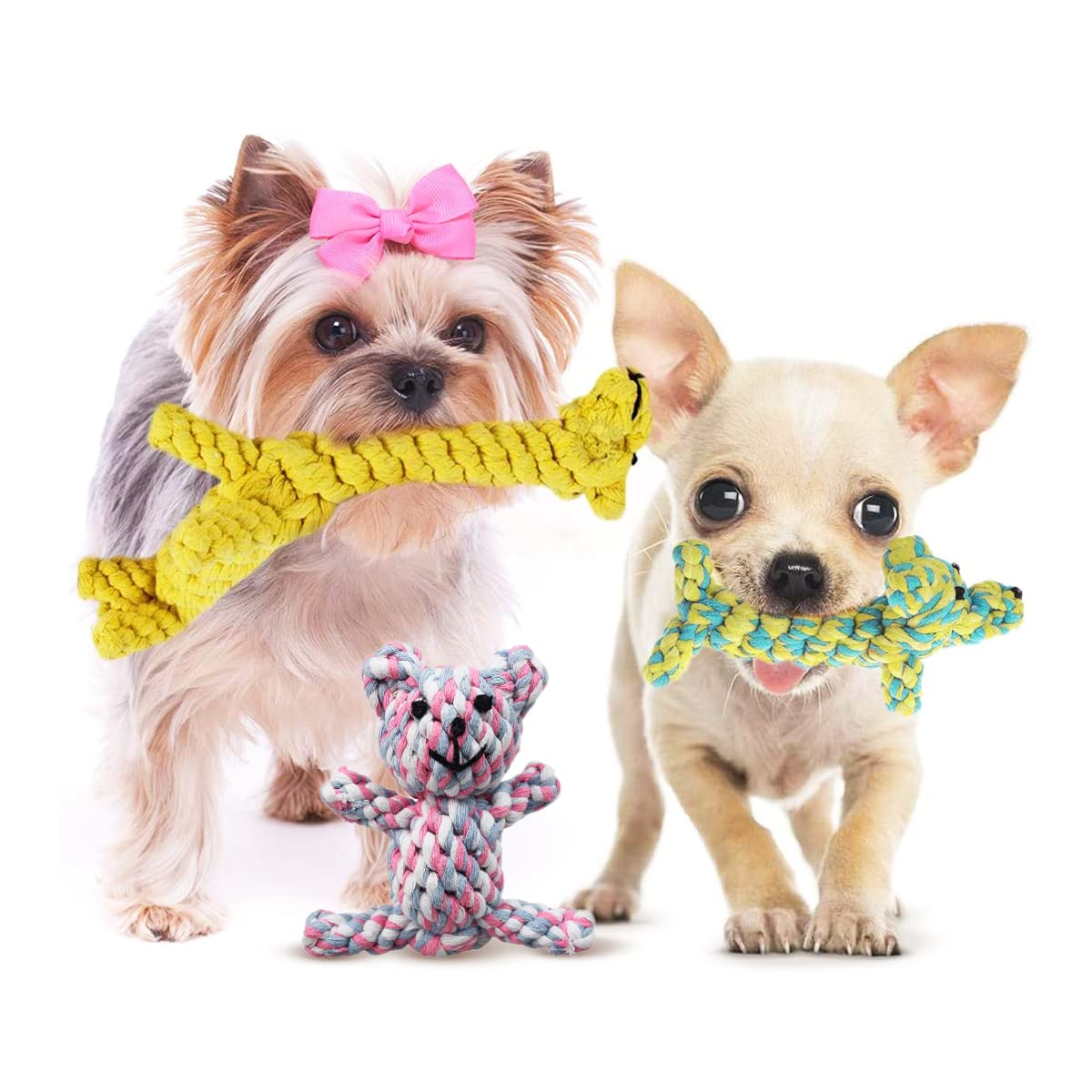 **SunGrow Cotton Rope Chew Toys for Puppies & Ferrets – Durable Teething Teddy Bear, Giraffe & Dog – Handwoven for Small Breeds – Promotes Healthy Teeth & Gums – Multicolor 3-Pack – Perfect for Playtime & Dental Care**