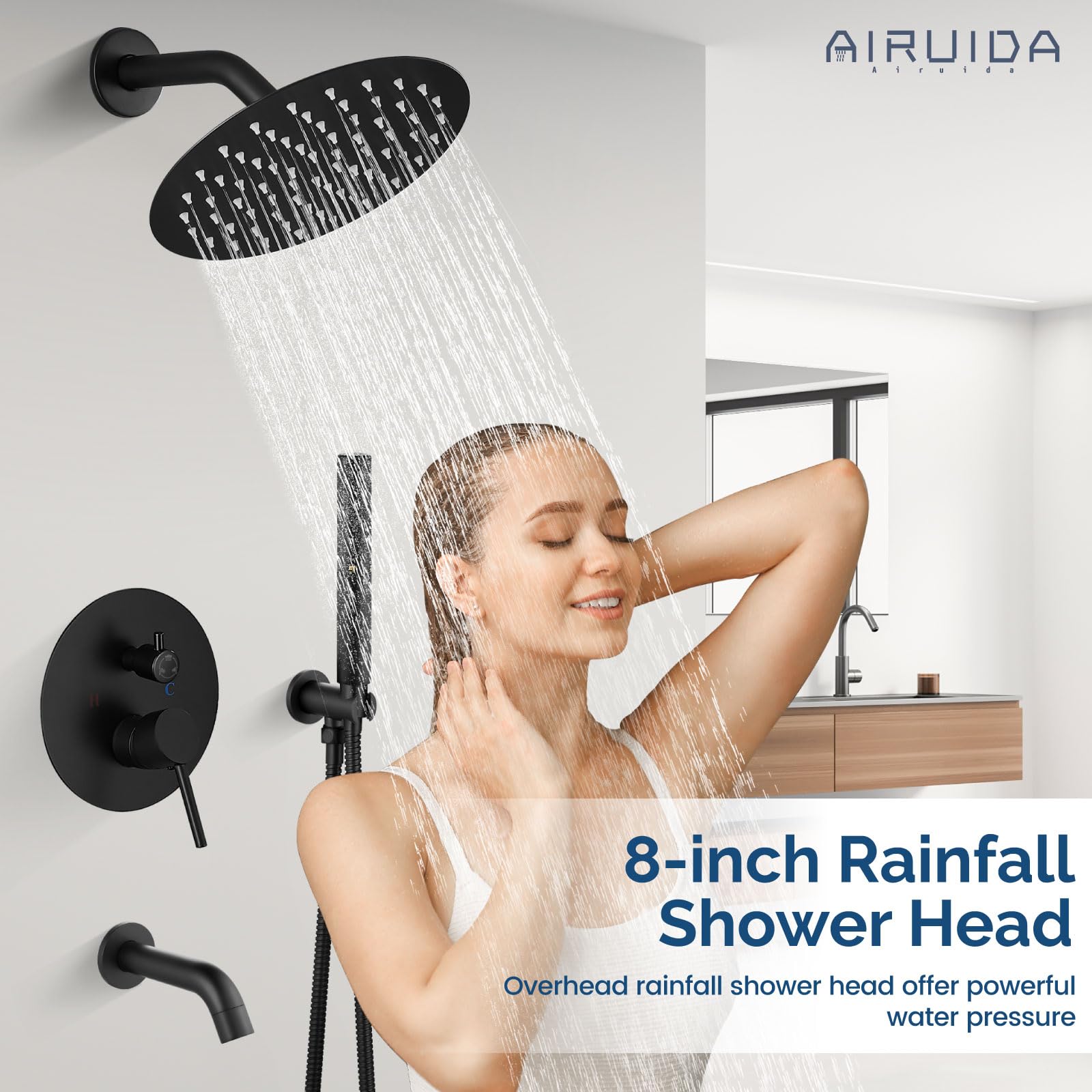 Premium Matte Black Round Shower System Set - 3-Function Rain Shower Faucet with 2-Function Handheld & 8-Inch Shower Head - Wall Mount Tub Spout Combo for Modern Bathrooms | Perfect for Spa-Like Relaxation & Daily Refreshment
