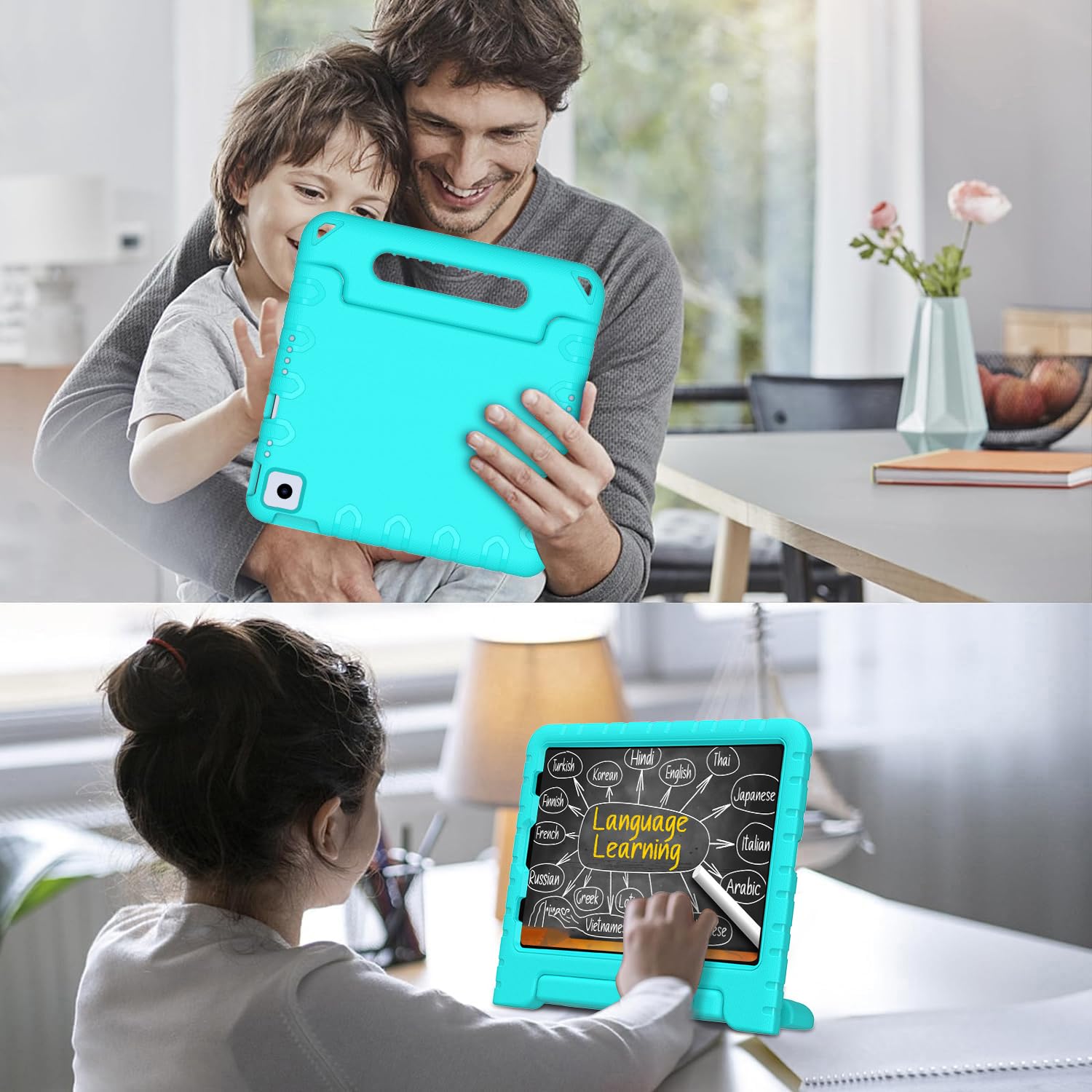 BMOUO Shockproof Kids Case for iPad Air 11-inch M3 (2025) & M2 (2024), iPad Air 5th Gen (2022) & 4th Gen (2020) 10.9 Inch - Convertible Handle Stand Protective Cover in Turquoise - Perfect for School, Travel & Home Learning