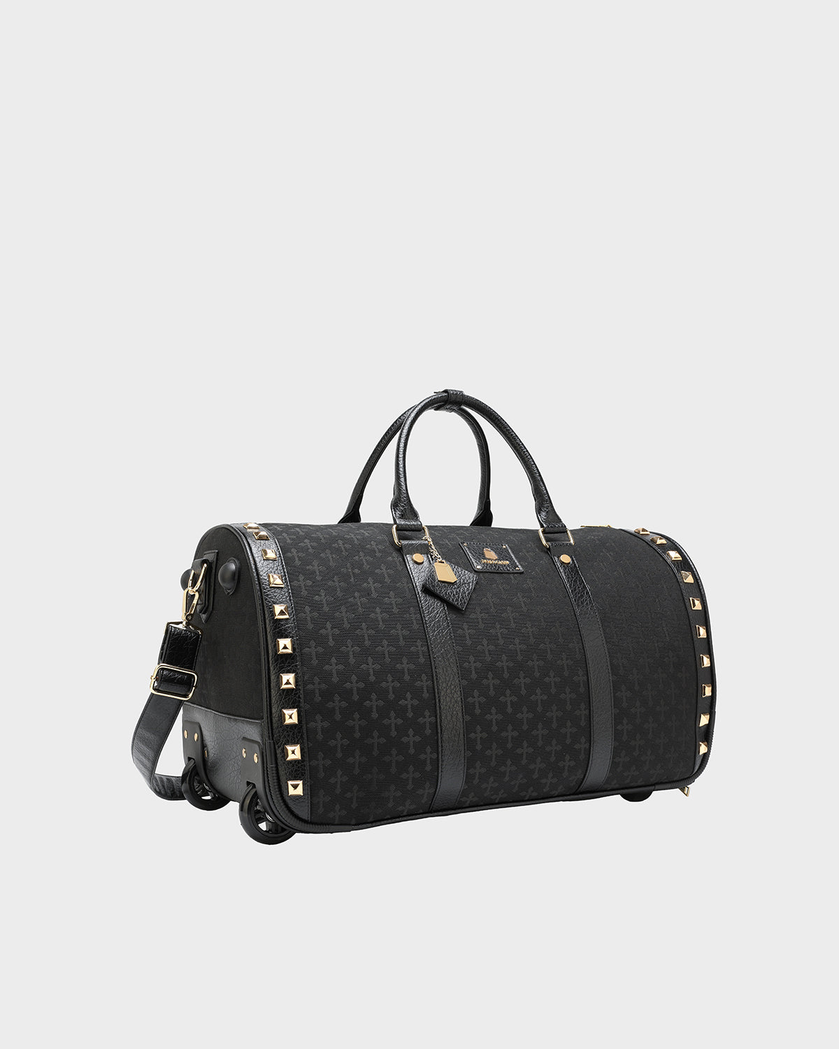 Black Cross Spiked Rolling Duffle Bag - Stylish Travel Luggage for Gym, Work & Weekend Getaways | Durable Wheels & Trendy Design