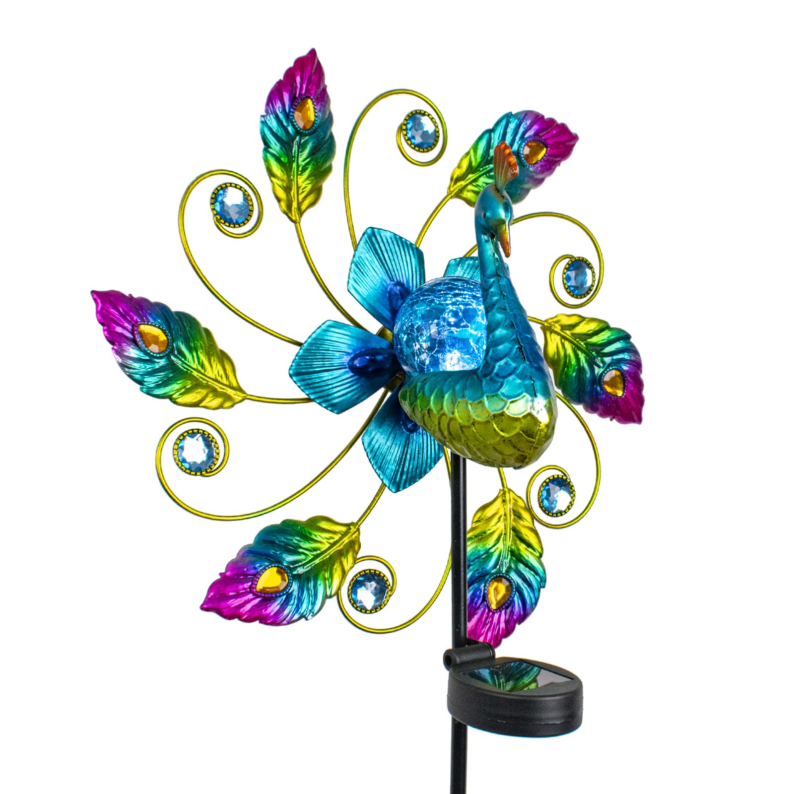 VEWOGARDEN Solar Peacock Wind Spinner - Metal Outdoor Garden Decor with LED Lights for Patio, Lawn, Yard - Weather-Resistant Spinning Art for Home & Garden Decoration (Perfect for Backyard, Deck, and Landscape Decor)