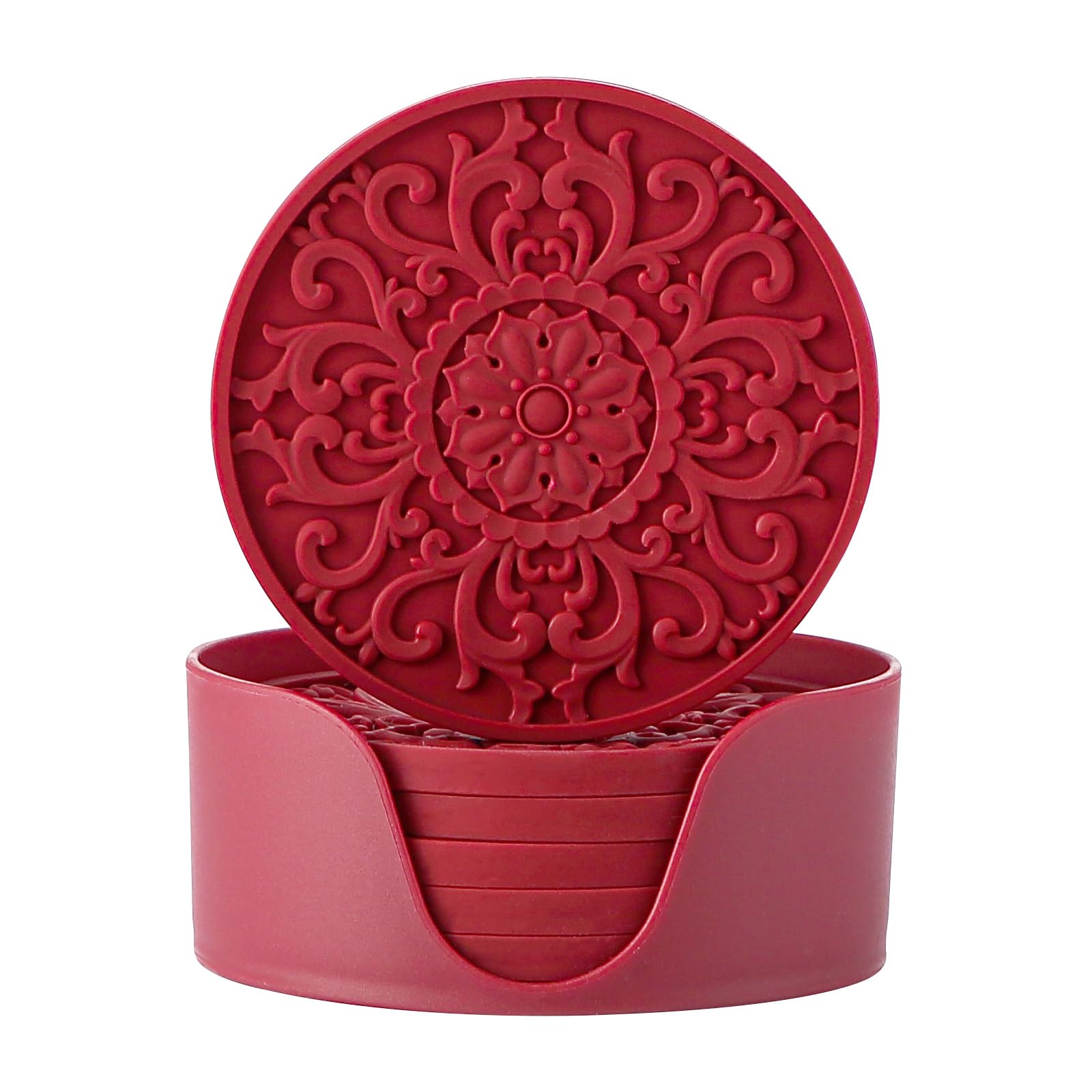 Premium Silicone Drink Coasters Set of 6 with Holder - Non-Slip Cup Mats for Hot & Cold Beverages - Table Protector for Home, Office & Bar Decor (Merlot Red, 3 Elegant Patterns) - Perfect for Coffee Tables, Dining Tables & Countertop Protection