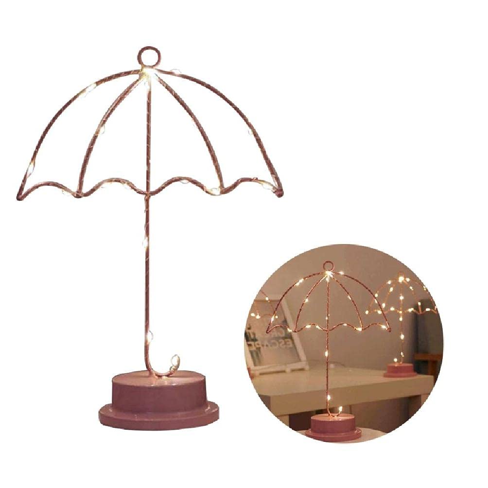 Battery Powered LED Desk Lamp - Nordic Style Wrought Iron Umbrella Bedside Light with Lovely Shape, Ins Style Decorative Lamp for Living Room, Bedroom & Office Use