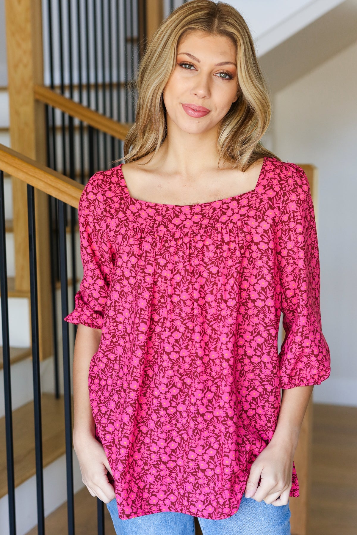 Perfectly You Fuchsia Floral Print Three Quarter Sleeve Square Neck Blouse for Women | Casual Spring Summer Tops for Office Wear & Date Night Outfits