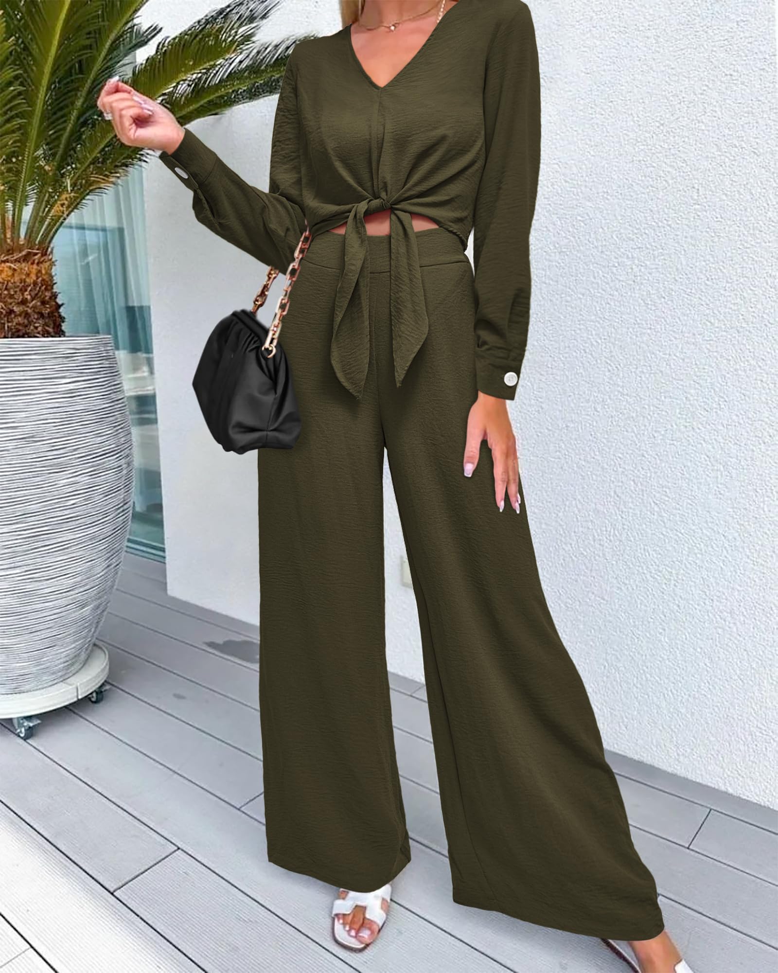 PRETTYGARDEN Women's 2 Piece Outfit Set - 2025 Spring Casual V Neck Long Sleeve Strappy Crop Top & Wide Leg Palazzo Pants | Perfect for Brunch, Shopping & Vacation Outfits