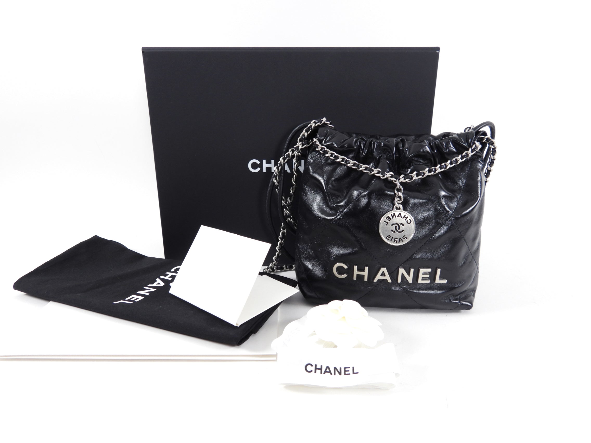 Chanel 22 Black Glossed Leather Mini Chain Bag with Logo - Luxury Designer Crossbody Purse for Women, Perfect for Evening Parties & Date Nights