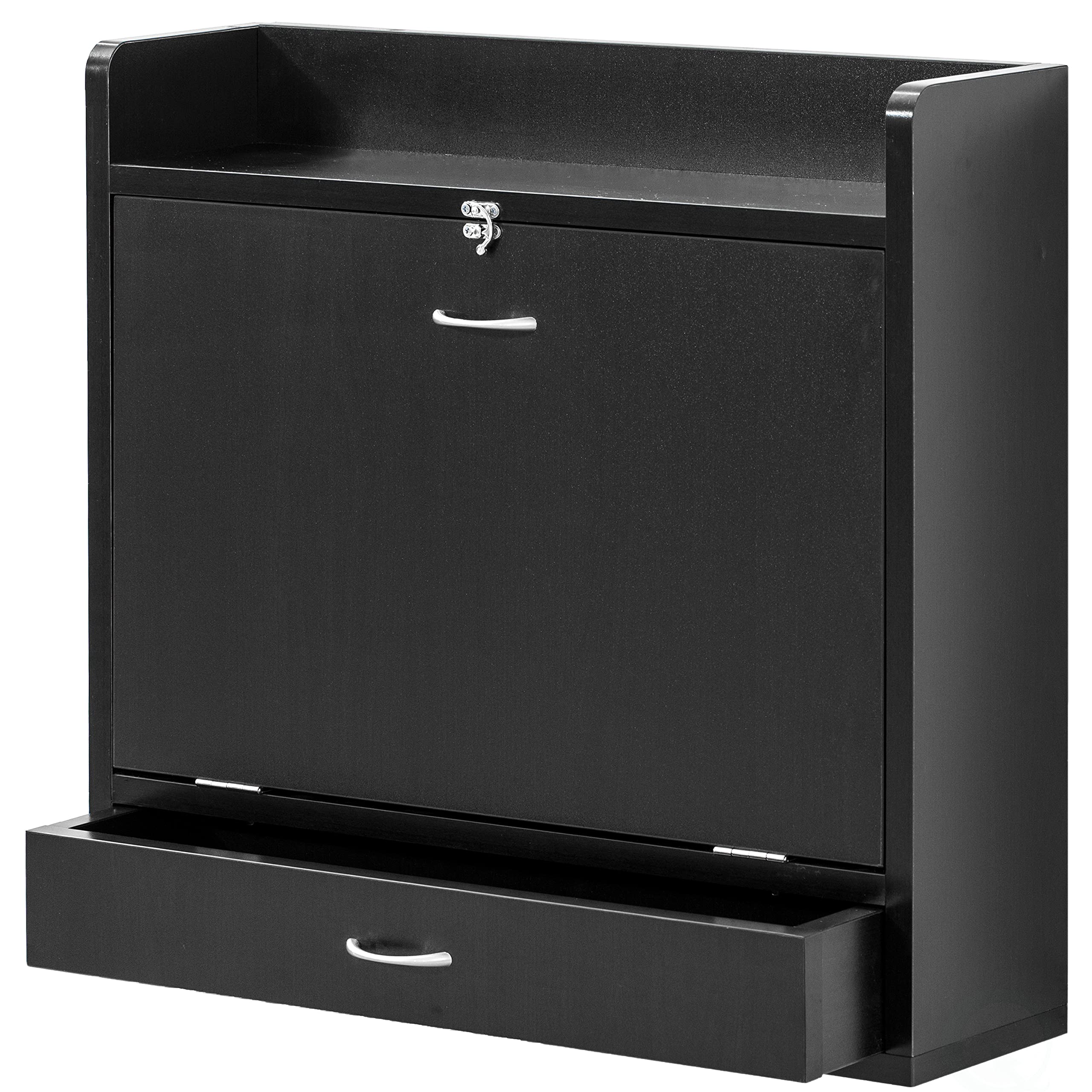 Basicwise Wall Mount Folding Desk - Space Saving Laptop Computer Writing or Makeup Table with Storage Shelves & Drawer, Black - Perfect for Small Apartments, Dorm Rooms & Home Offices