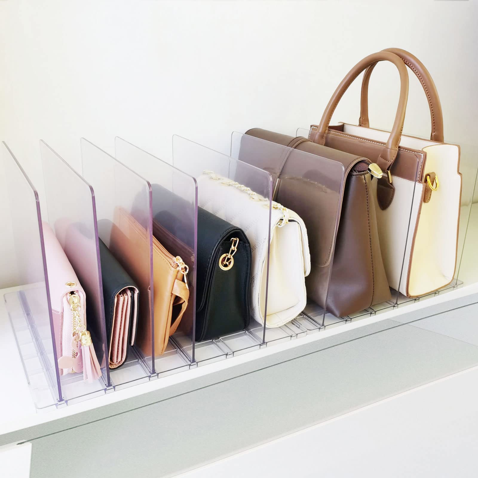 Clear Adjustable Plastic Purse Organizer for Closet - Shelf Dividers & Bag Storage Solution | Perfect for Handbag, Wallet & Accessory Organization in Walk-in Closets & Bedroom Storage