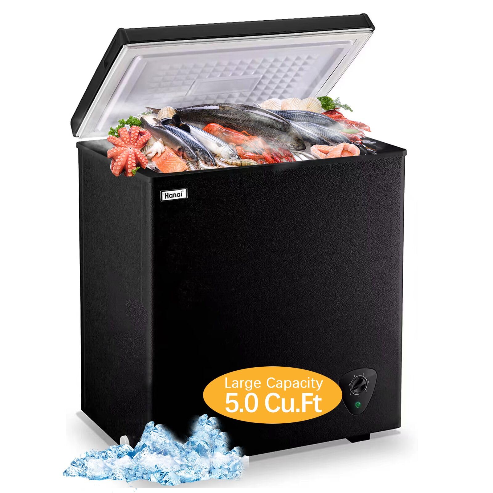 5.0 Cu.Ft Black Compact Chest Freezer - Manual Defrost Deep Freezer with Storage Basket, Space-Saving Flat Back Design & Stay-Open Lid - Perfect for Home, Basement, Cottage, or Business Use - Ideal for Bulk Food Storage, Meal Prep, and Beverage Cooling