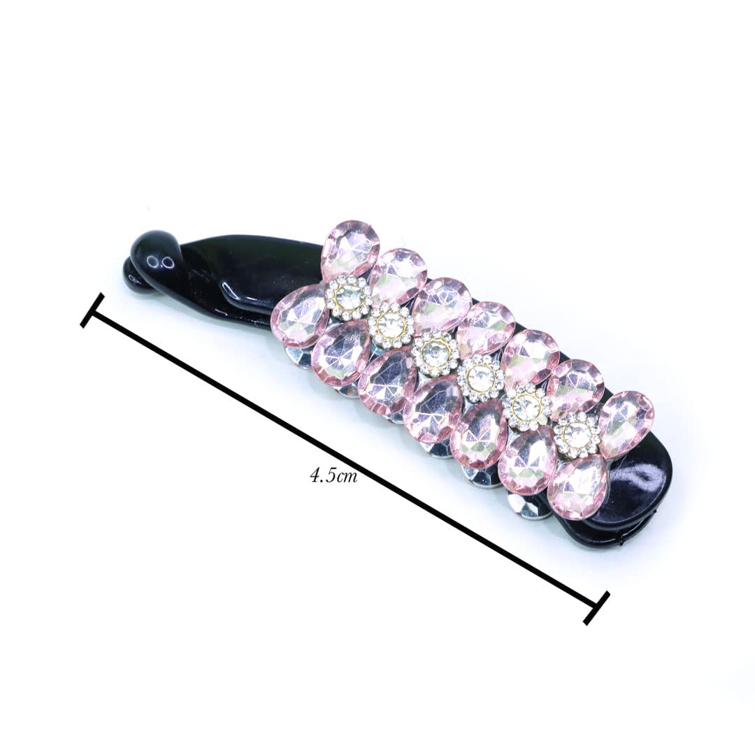 Sparkly Rhinestone Banana Hair Clip with Flower Design - Elegant Hair Accessories for Women (Pink) | Perfect for Weddings, Parties & Daily Styling