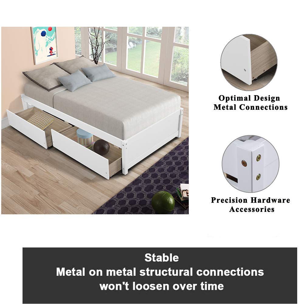 Twin Platform Bed Frame with 2 Storage Drawers - Solid Wood Kids Bed for Toddler Boys & Girls - 10 Slat Support No Box Spring Needed - Easy Assembly (Bright White) - Perfect for Small Bedrooms & Space Saving Kids' Rooms
