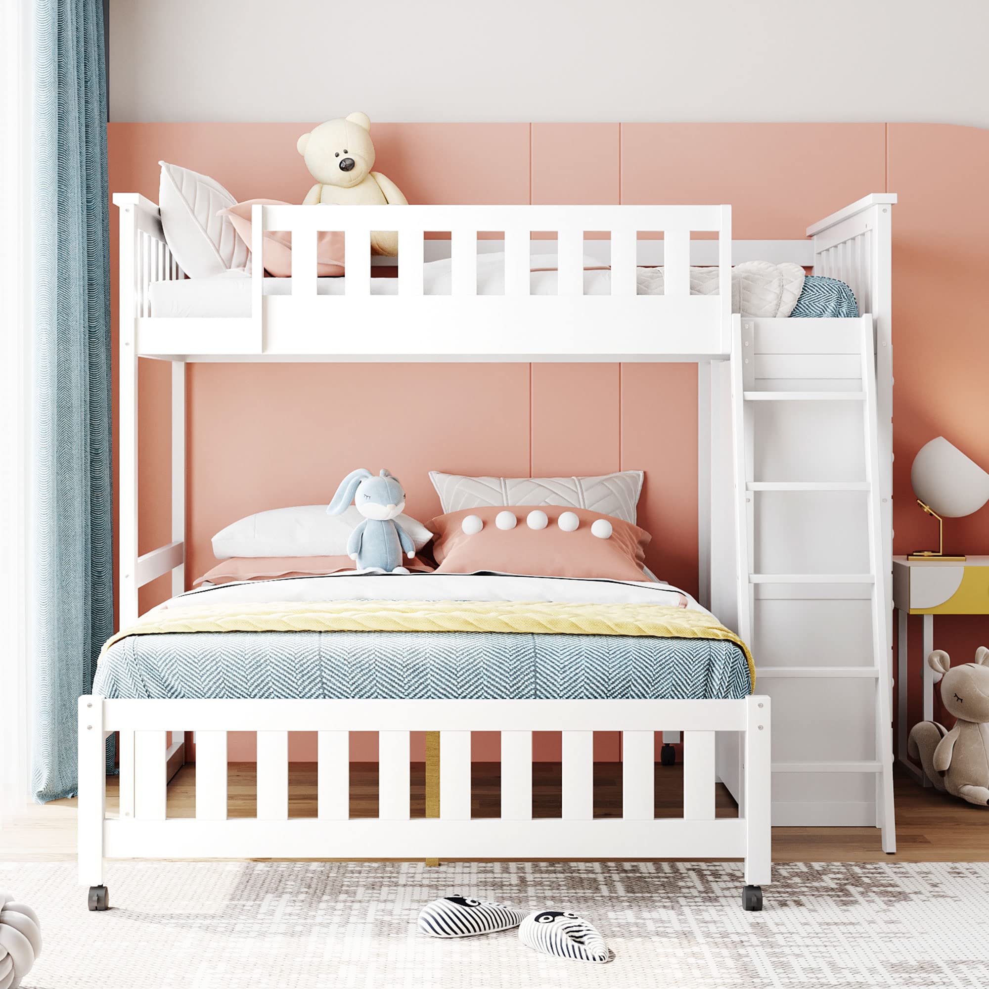 Modern White Wooden Twin Over Full Bunk Bed with 6 Drawers, Adjustable Shelves & Ladder - L-Shaped Full Platform Bed Frame with Wheels & Safety Guardrails - Space-Saving Kids Bedroom Furniture for Small Rooms & Shared Spaces