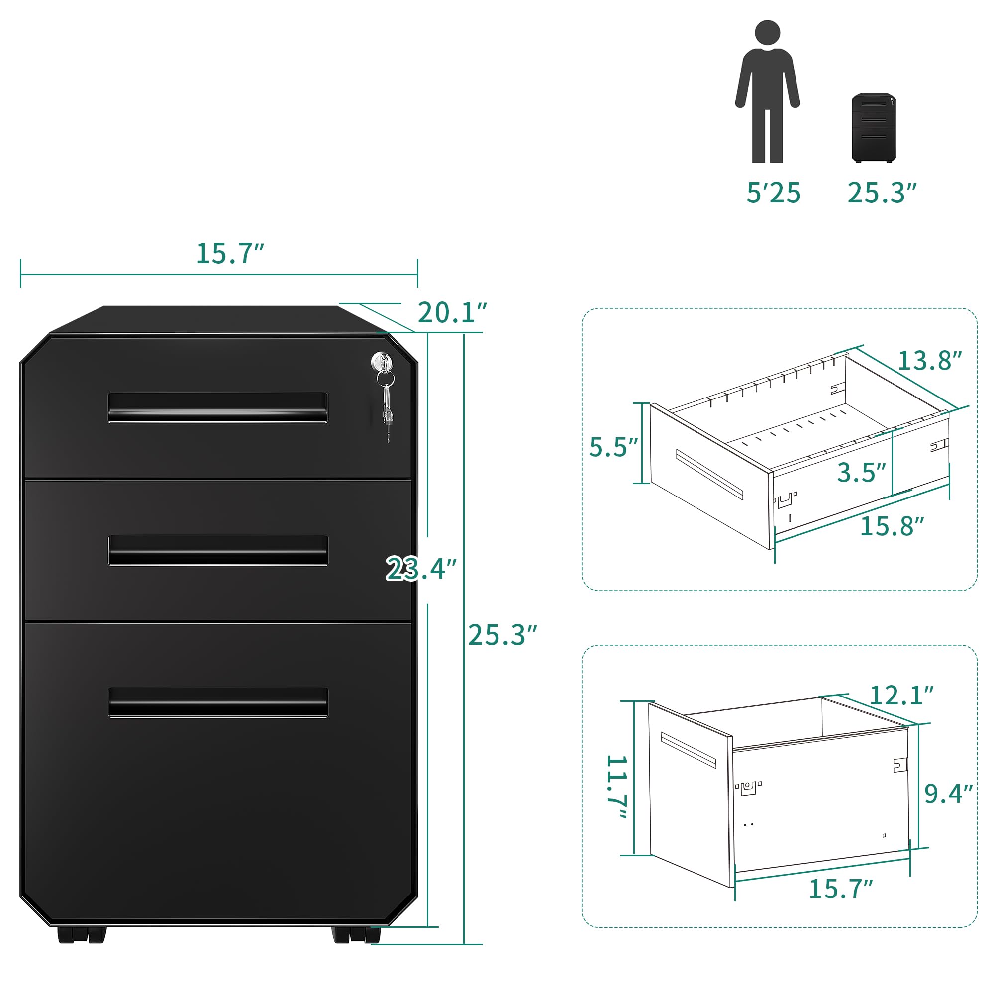 YITAHOME 3-Drawer Locking Metal Filing Cabinet with Divider & Pencil Tray - Portable Office Storage Solution for Documents, Files & Supplies - Perfect for Home Office, Workplace & School Organization