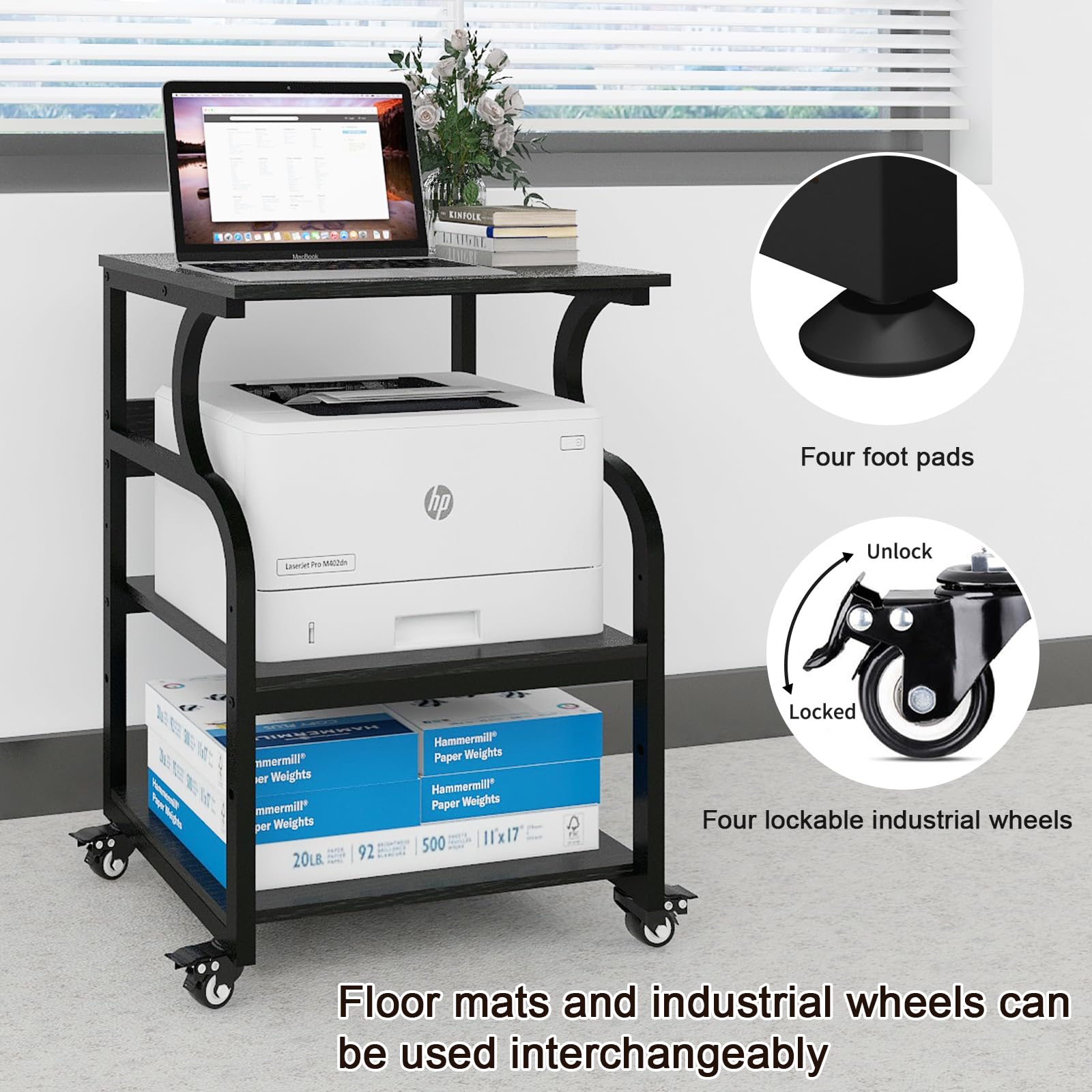 Natwind Large Printer Stand - 24''x20''x29'' Adjustable Storage Shelf Rolling Cart with Wheels, 3-Tier Multifunctional Shelves for Heat Press & 3D Printer, Home Office Organization (Black) - Perfect for Craft Rooms, Printing Workshops & Small Business Spaces