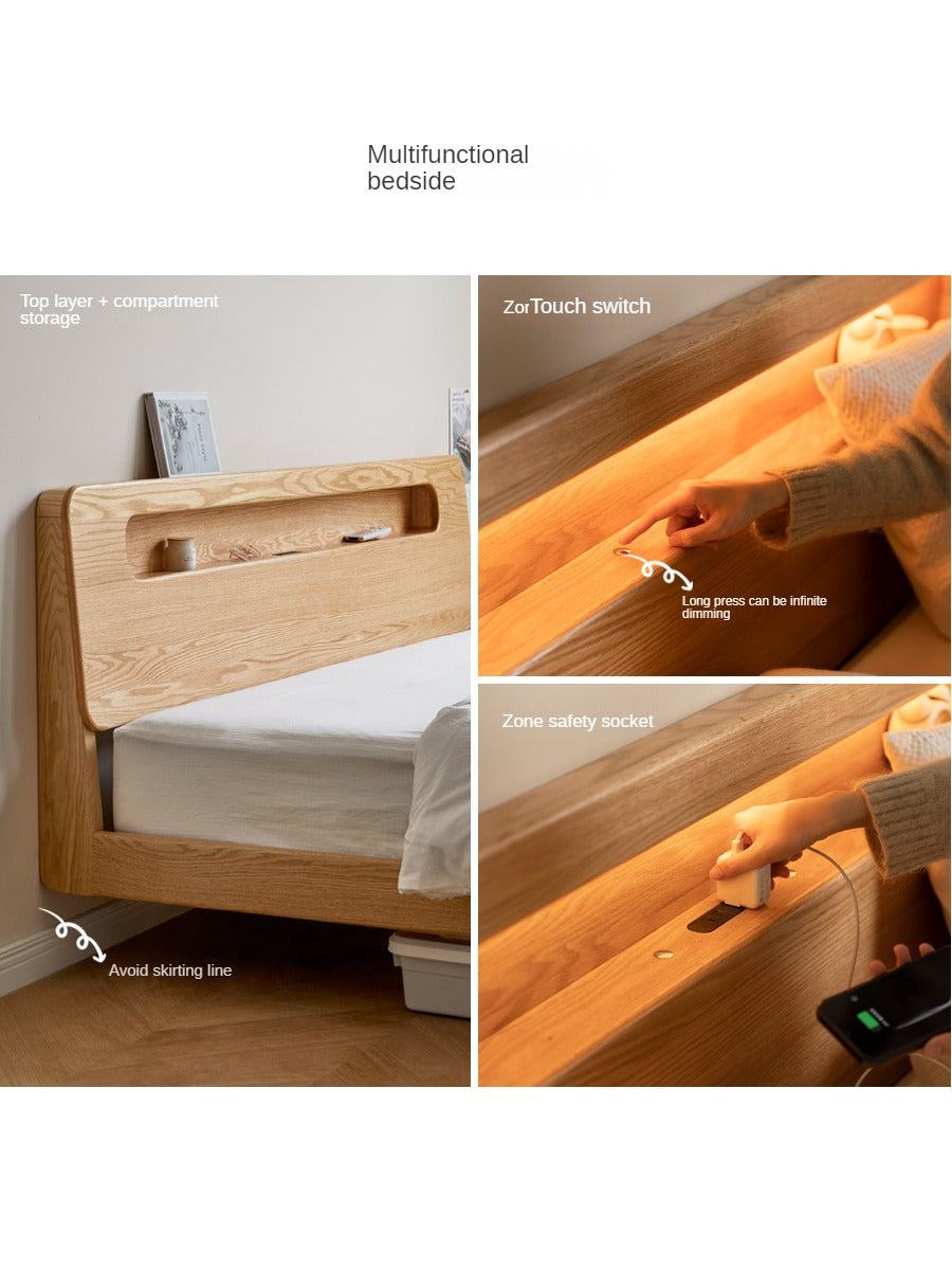 Solid Oak Wood Suspension Luminous Bed - Modern Floating Platform Bed with LED Lighting for Bedroom, Guest Room, or Dorm