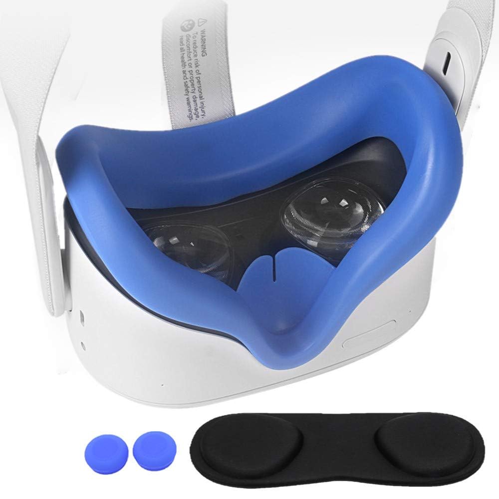 Premium Silicone Face Cover & Lens Protector for Oculus Quest 2 VR Headset - Comfortable Face Cushion, Anti-Dust Lens Pad, Thumbstick Grips - Blue VR Accessories for Enhanced Gaming & Virtual Reality Experience
