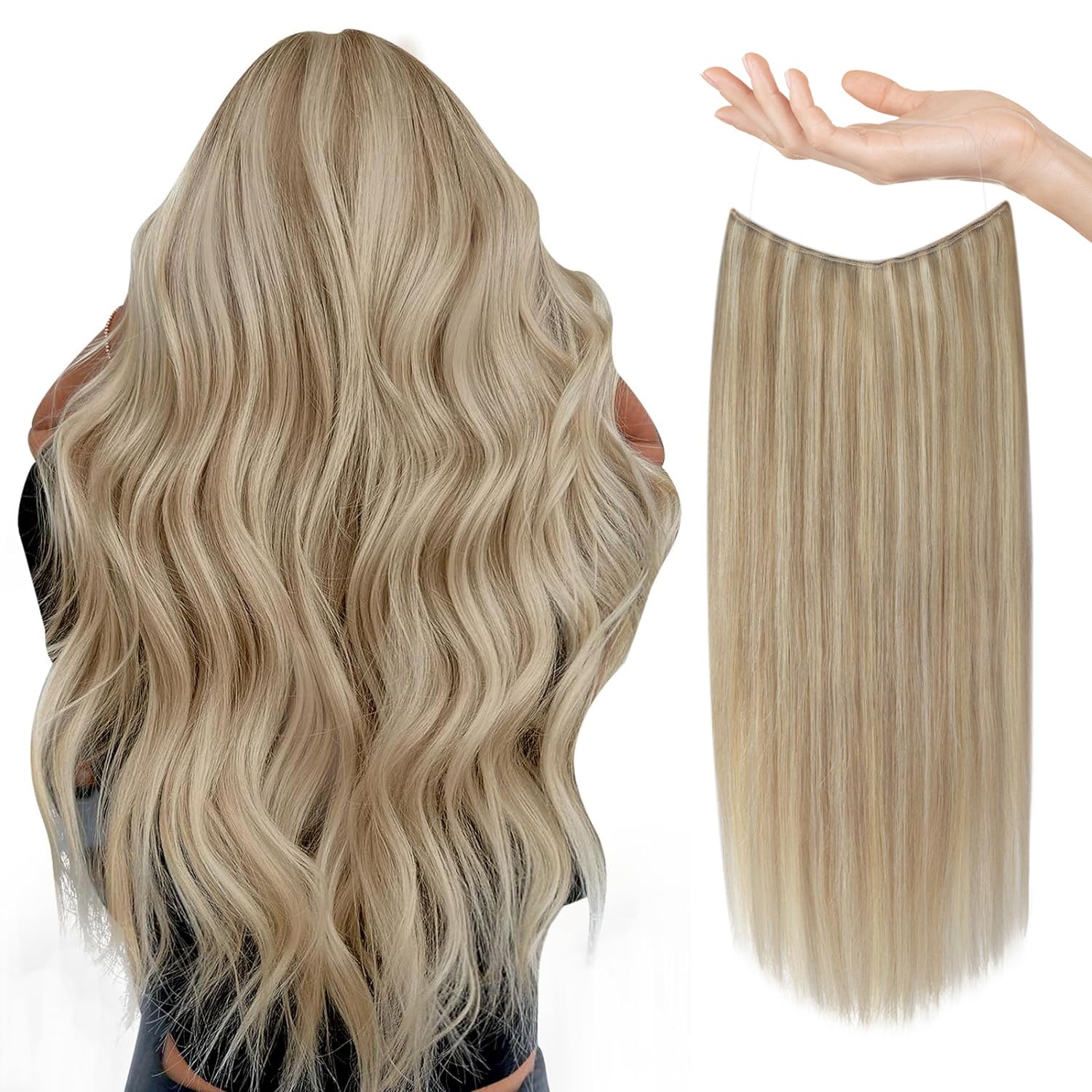 Sunny Wire Hair Extensions - 18 Inch Real Human Hair with Invisible Wire, Golden Blonde & Medium Blonde Highlights (#16/22) - Perfect for Parties, Weddings & Daily Styling