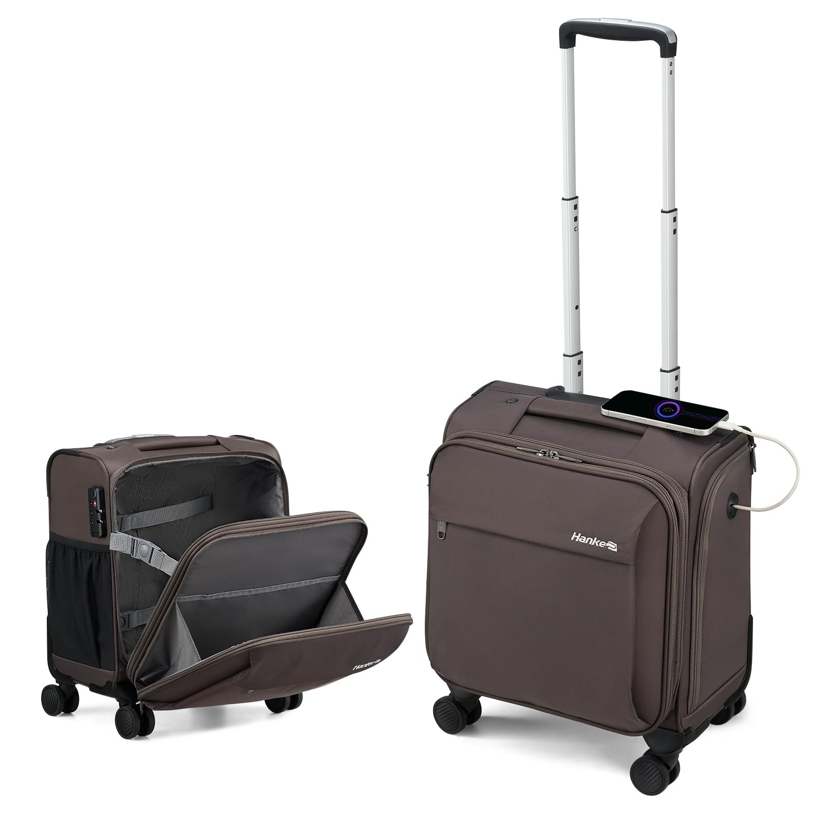 Hanke 16 Inch Underseat Carry On Luggage with Wheels - Lightweight Softside Travel Suitcase for Men & Women, Coffee | Perfect for Airplane Cabin, Business Trips & Weekend Getaways