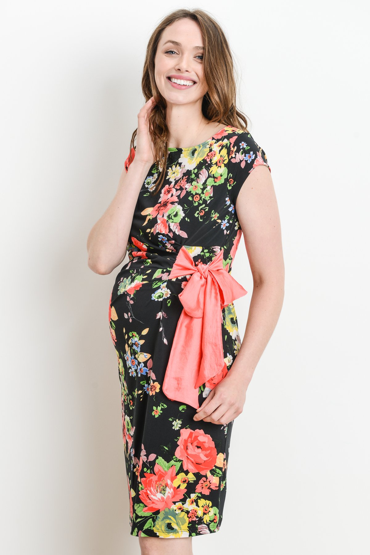 LaClef Women's Cap Sleeve Maternity Dress with Adjustable Side Tie - Comfortable Pregnancy Clothes for Work, Baby Shower & Everyday Wear