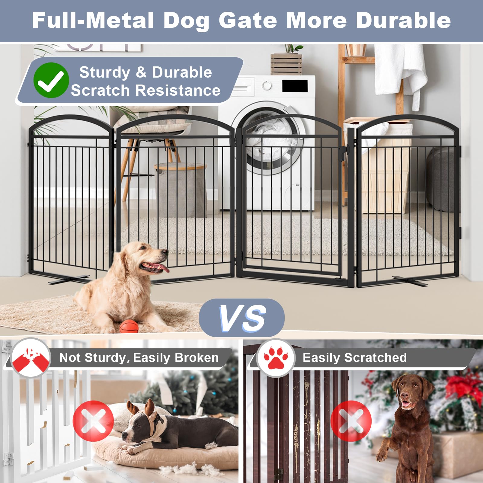 96'' Extra Wide 32'' Tall Full Metal Freestanding Dog Gate with Door - Indoor & Outdoor Pet Safety Fence for Doorways, Large Openings, Decks, Porches - 4 Panels Black for Home, Yard & Staircase Protection