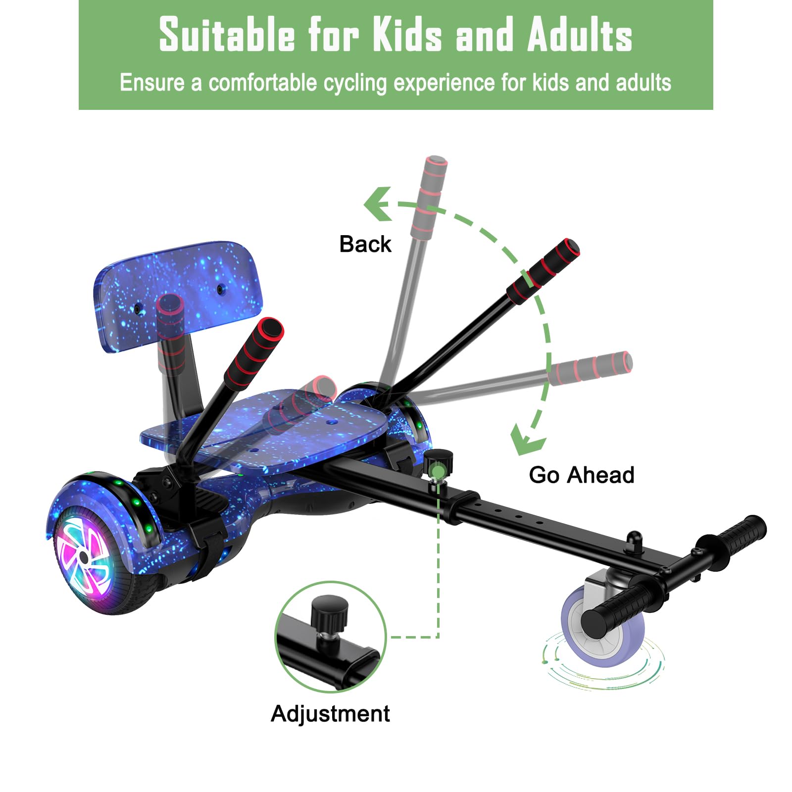 Kids & Adults Scooter Seat Attachment with Go Kart - Adjustable Height, LED Lights & Bluetooth Speaker - Perfect for Outdoor Fun, Commuting & Family Rides