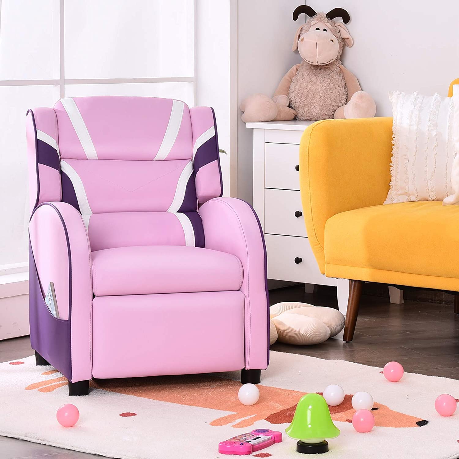 GLACER Kids Recliner Chair for Girls, Soft Pink Plush Fabric with Cup Holder - Perfect for Bedroom, Playroom & Movie Nights