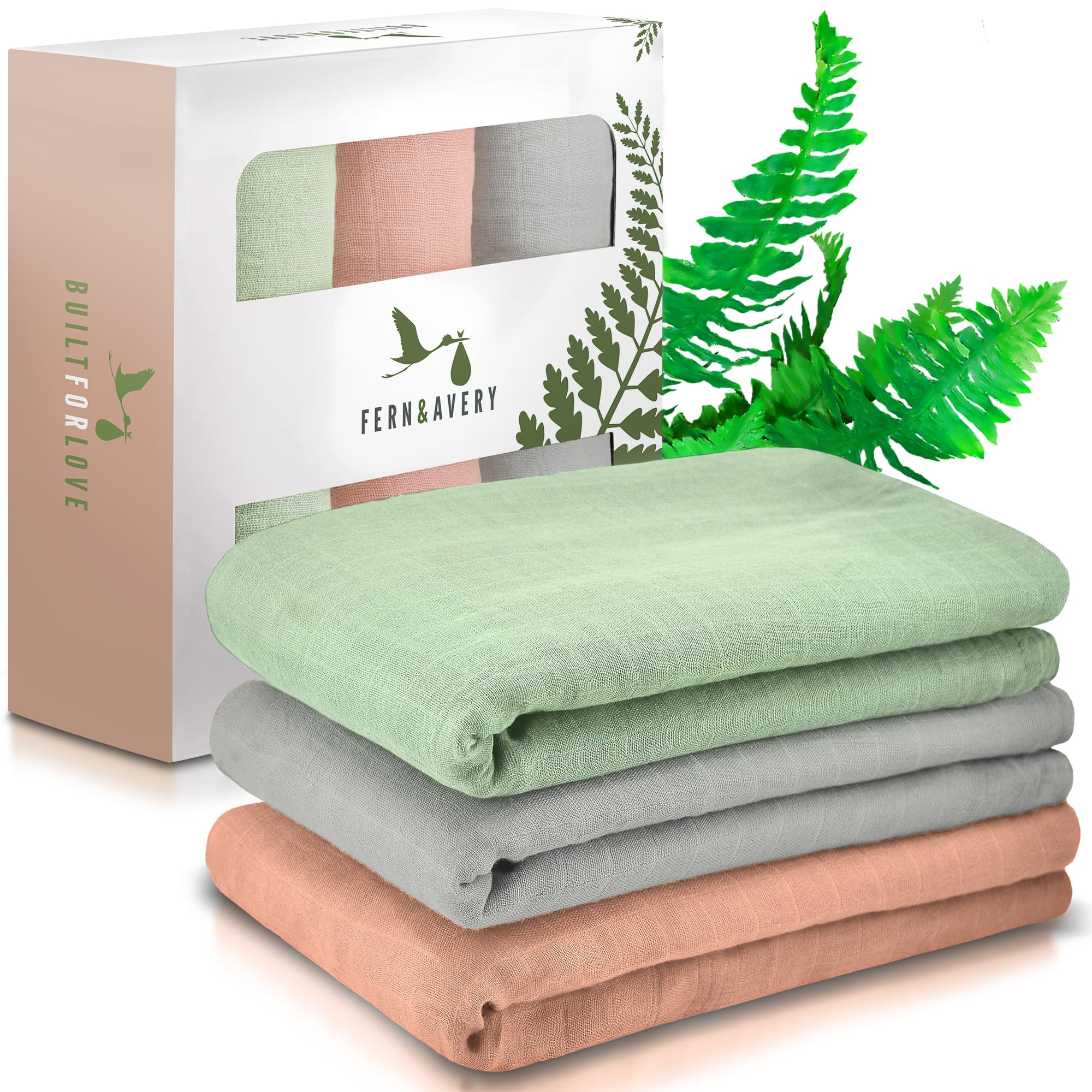 Fern & Avery Baby Swaddle Blankets - Soft Breathable Receiving Blankets for Newborns (3-Pack, Sage Green) - Perfect Baby Shower Gift for Boys & Girls - Ideal for Swaddling, Nursing & Tummy Time