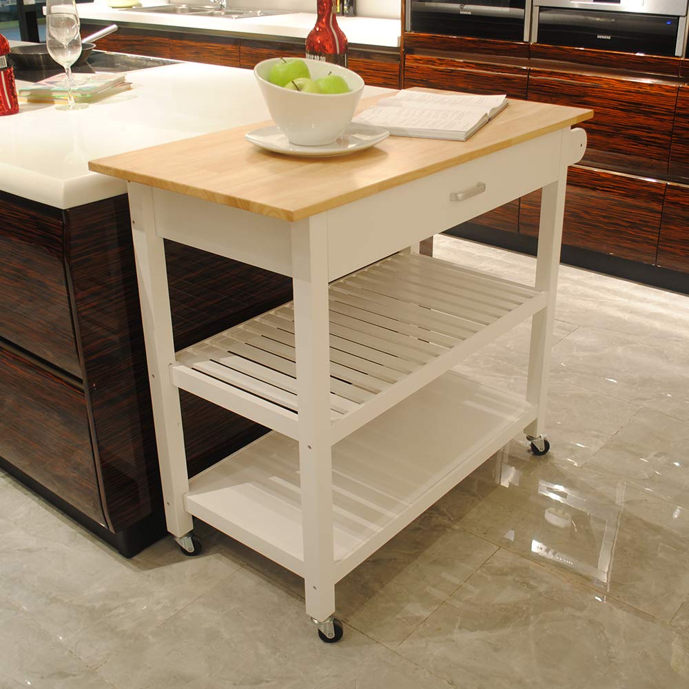 Goujxcy White Kitchen Island on Wheels with Storage, Rolling Kitchen Cart with Lockable Casters, Adjustable Shelves, Drawers & Cabinets - Perfect for Small Kitchens, Dining Rooms & Home Office Spaces