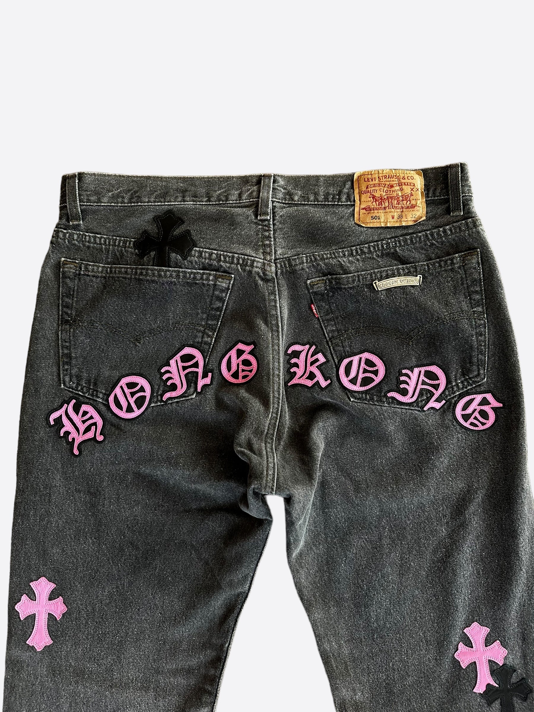 Chrome Hearts x Levi's Grey & Pink Hong Kong Patch Distressed Jeans for Men & Women | Vintage Denim Pants with Unique Embroidery - Perfect for Streetwear & Casual Outfits