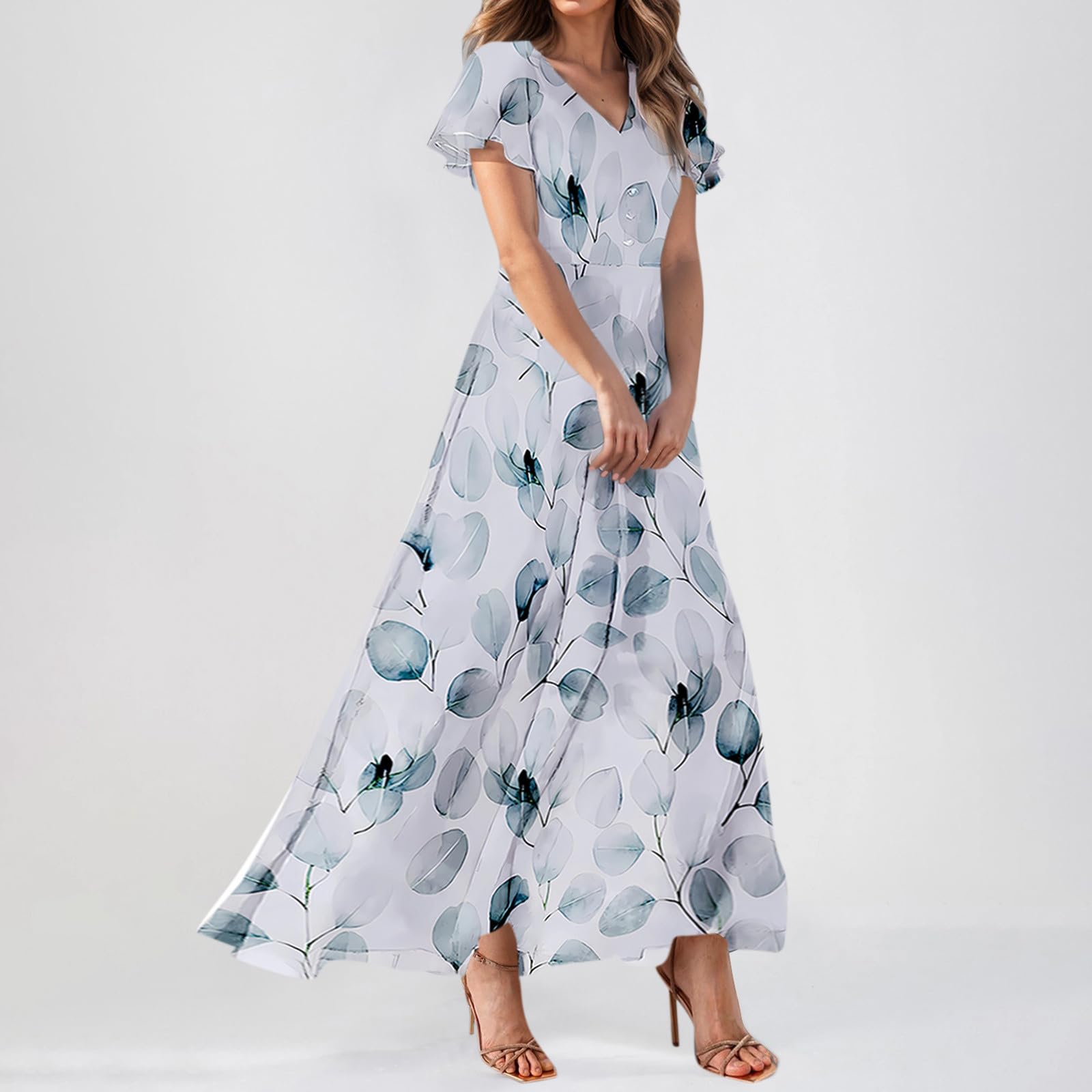 Women's Floral Chiffon Maxi Dress with Ruffle Sleeves - V Neck Empire Waist Boho Flowy Long Dress for Summer, Wedding Guest, Beach Vacation & Special Occasions