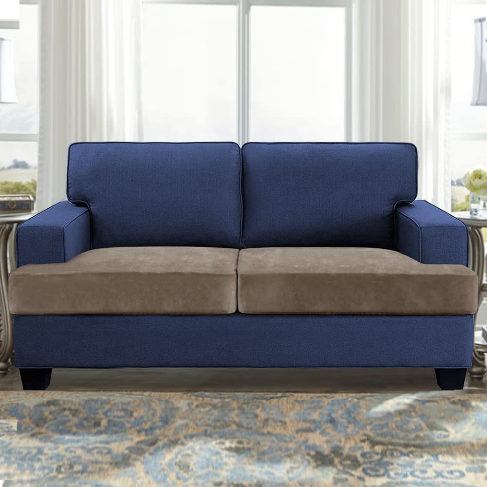 Stretch Velvet T Cushion Sofa Slipcovers - 2 Piece Elastic Couch Covers for 2-Seat Sofa, Thickened Fabric, Taupe - Perfect for Living Room, Home Decor & Furniture Protection
